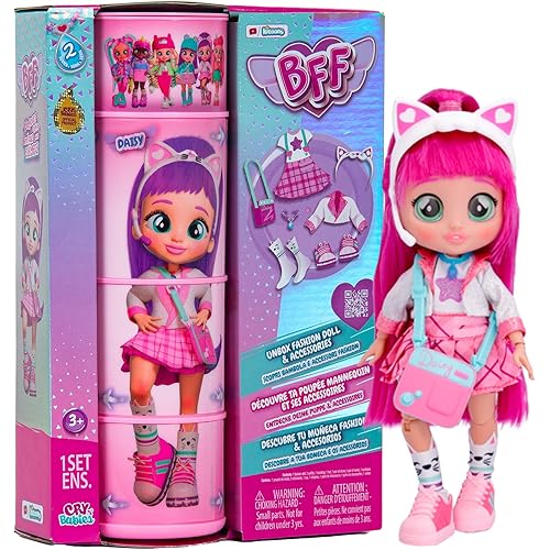 BFF by Cry Babies Daisy Fashion Doll with 9+ Surprises Including Outfit and Accessories for Fashion Toy, Girls and Boys Ages 4 and Up, 7.8 Inch Doll, Multicolor
