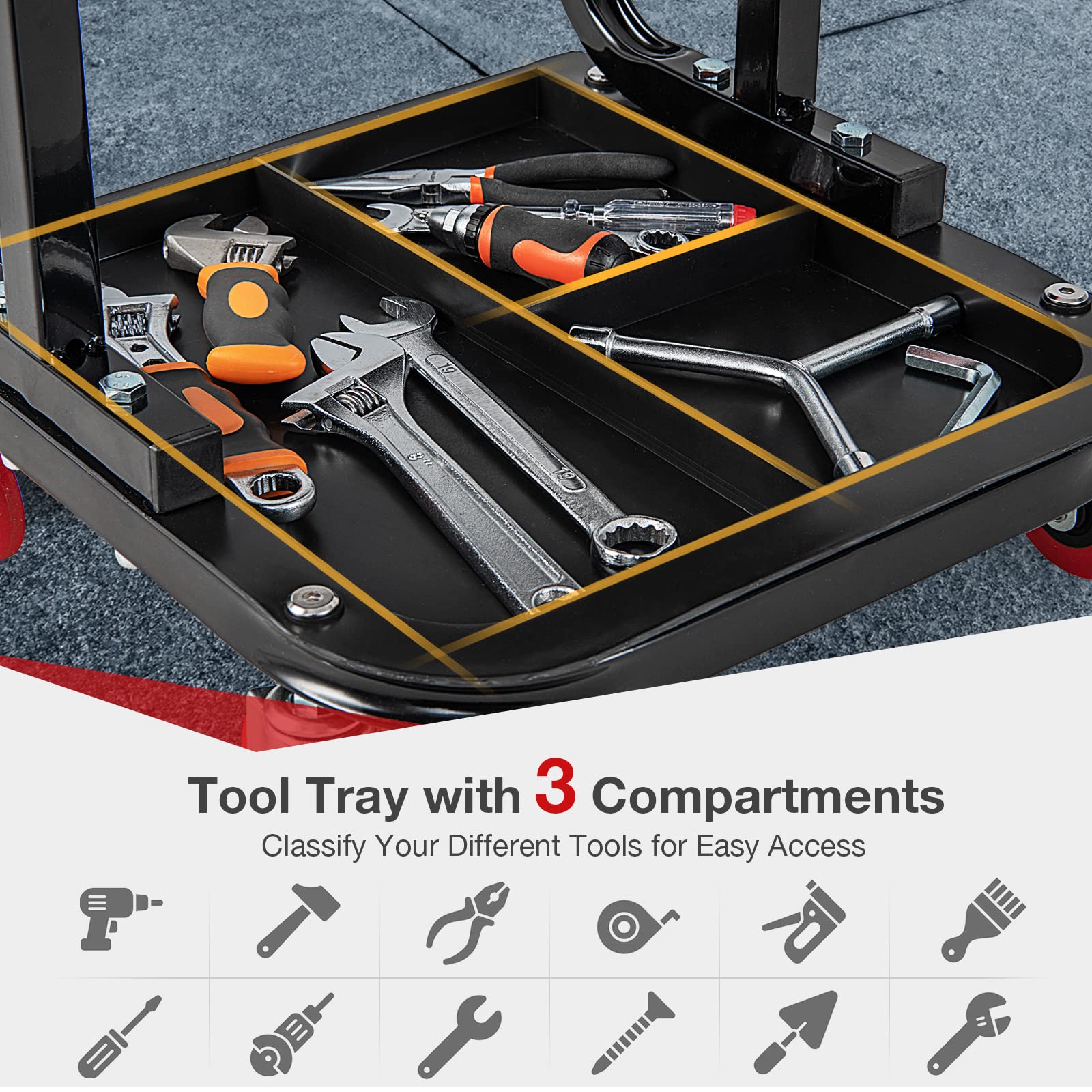 Taboret dla mechaników z poduszką, 4 kółka, taca na narzędzia, nośność 150 kg, wytrzymały, idealny do garażu i warsztatu, stabilne siedzisko na narzędzia i sprzęt