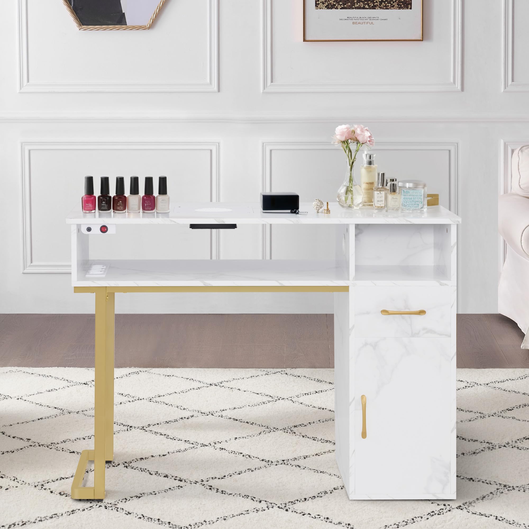 Barberpub Manikürtisch mit Schublade & Schrank, Nageltisch mit Absaugung, 3 Steckdosen, 2 Staubsaugerbeuteln, Nagelfrisiertisch Holz, Schreibtisch für Nagelstudio, Marmor-Weiß Gold, 50x110x82cm, 2491