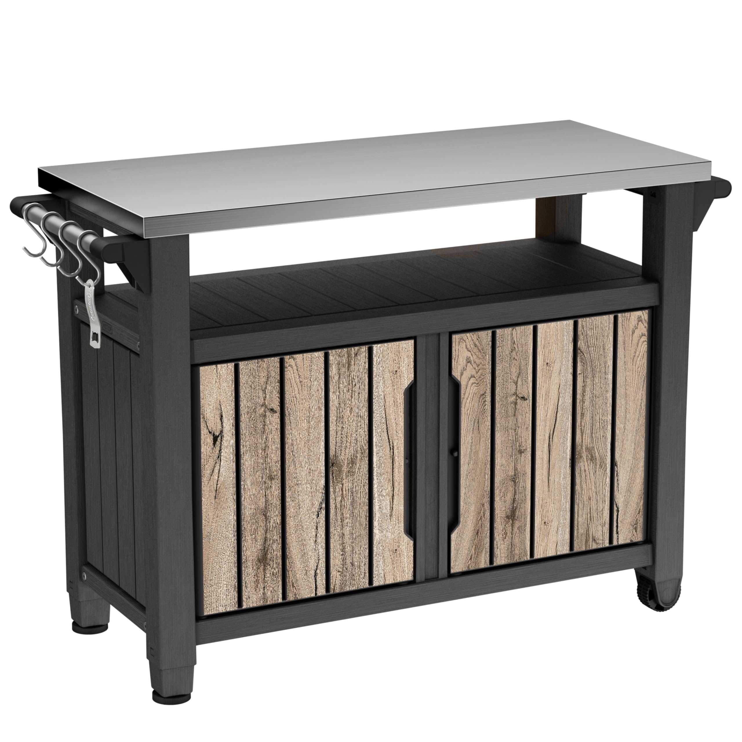 Keter Table de barbecue Unity XL | Table de service aspect bois de pin | 298 litres | avec plateau en acier inoxydable, portes, surface de rangement, suspensions, porte-rouleau d'essuie-tout de