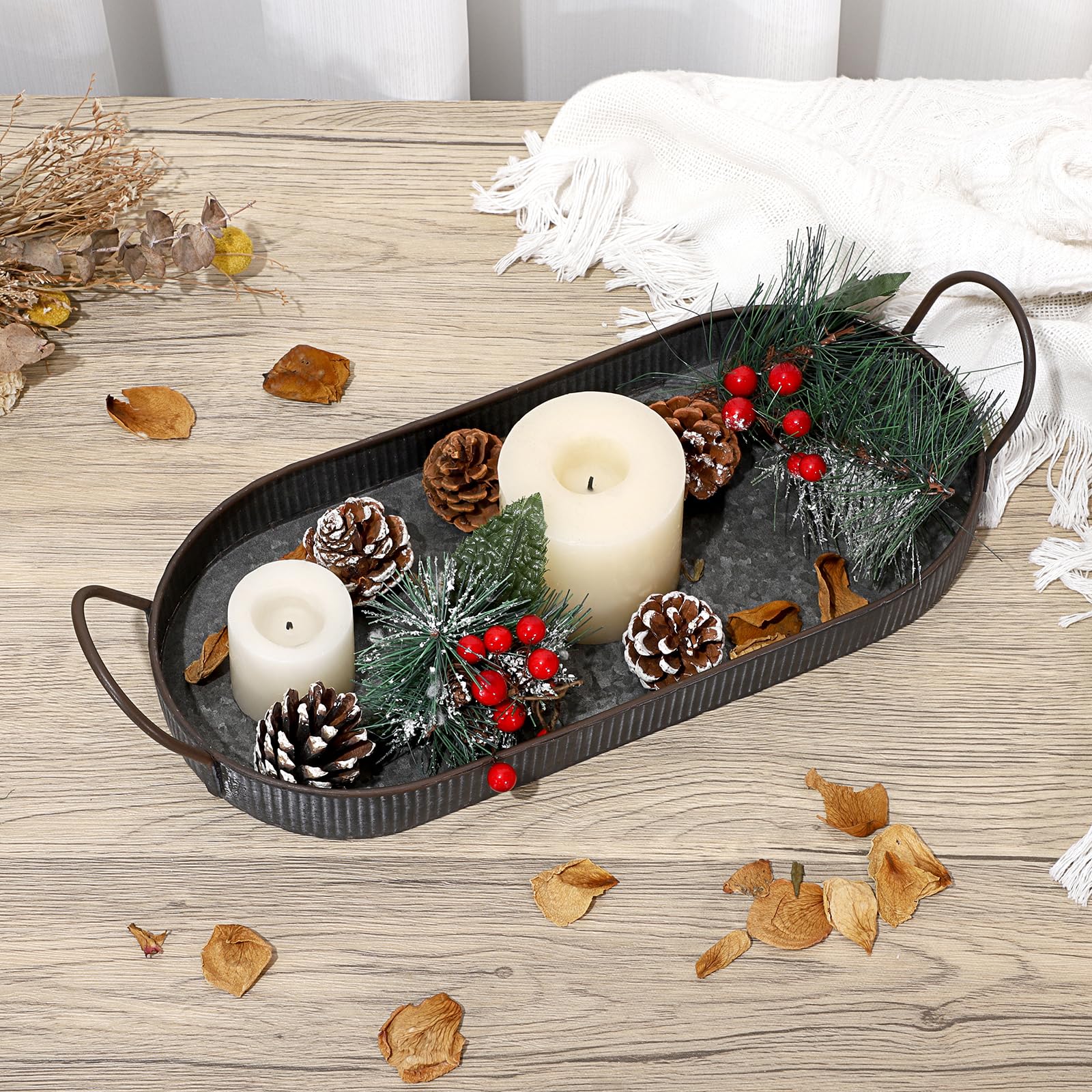 Hipiwe Oval Galvanized Metal Iron Tray with Handle, Industrial Style Storage Serving Tray Farmhouse Rustic Decorative Coffee Table Centerpiece for Home Decor
