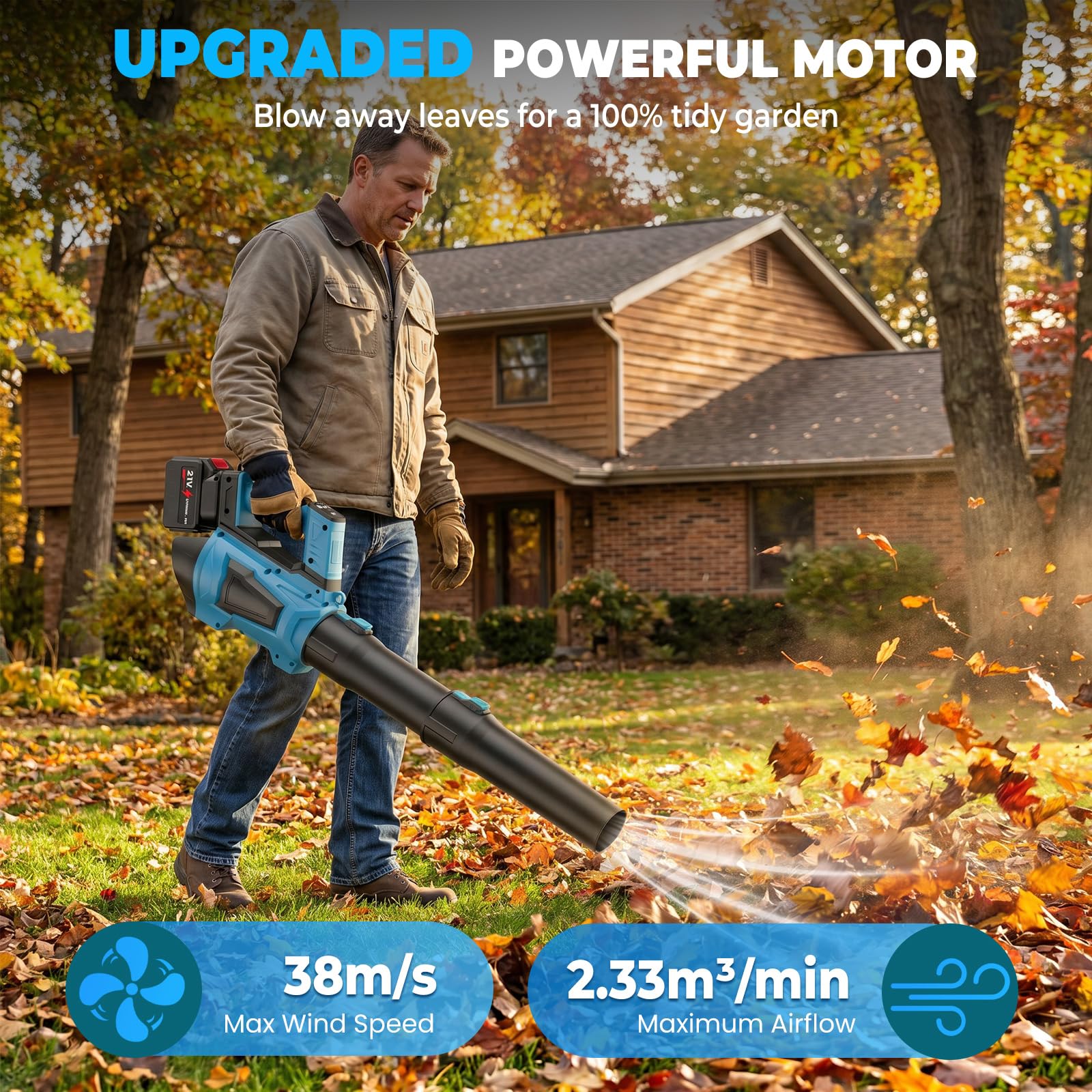 Soplador de hojas inalámbrico de 21 V con 2 baterías de 4,5 Ah y 6 velocidades (azul) | 24000 RPM Soplador de batería con correa y tubo alargado, para mantenimiento del jardín, callejón, hojas, polvo y nieve