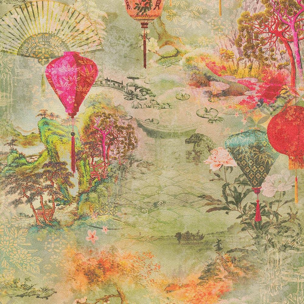 Japanese Wallpaper Asian Fusion A.S. Création Non-Woven Wallpaper 10.05 m x 0.53 m Green Red Beige Made in Germany 374661 37466-1