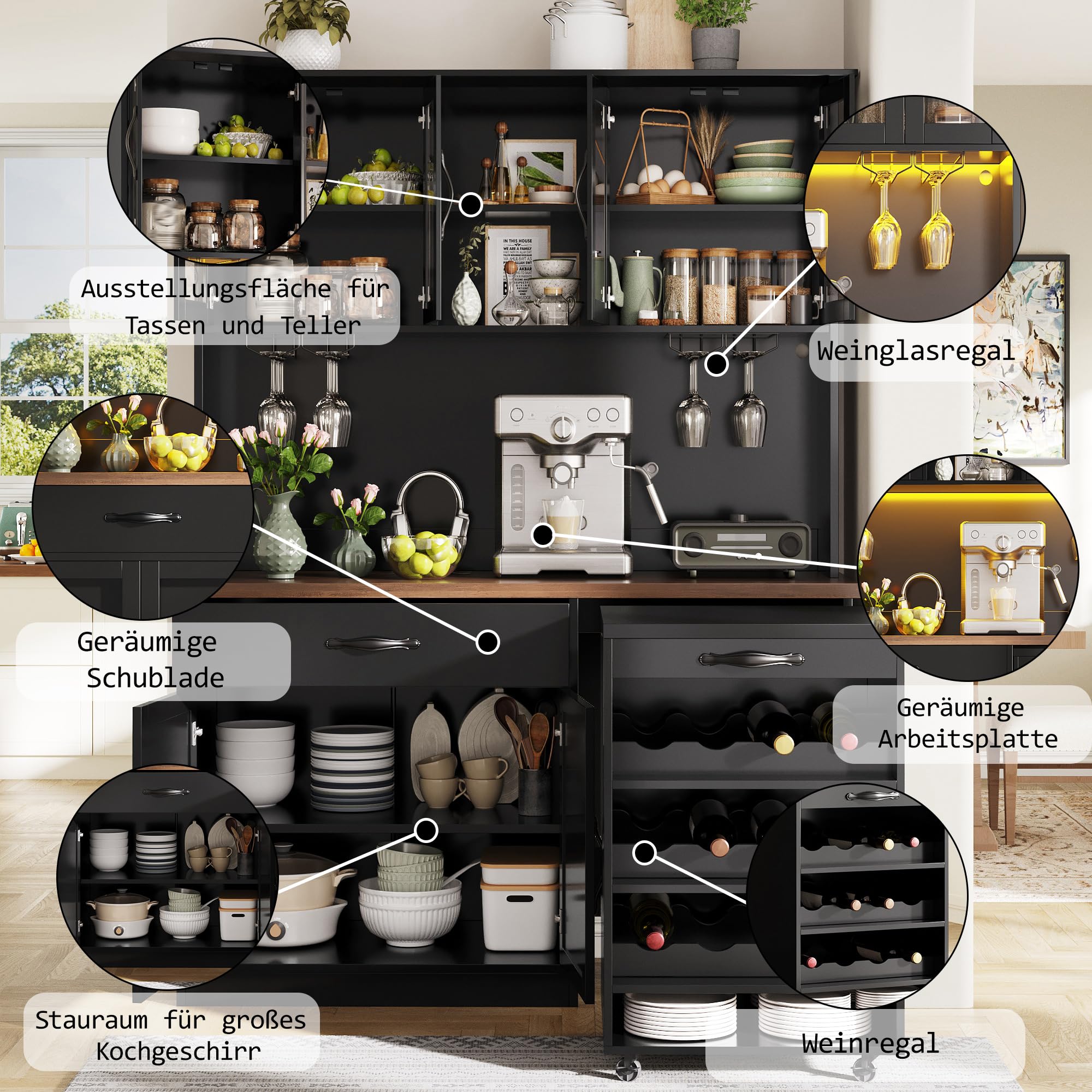 DHHU Meuble de Cuisine avec éclairage LED, Buffet Haut avec Chariot Amovible, 4 Portes en Verre avec Plan de Travail, Rangement Vin, 2 Tiroirs, Armoire de Rangement Haute pour Cuisine (Noir-4S)