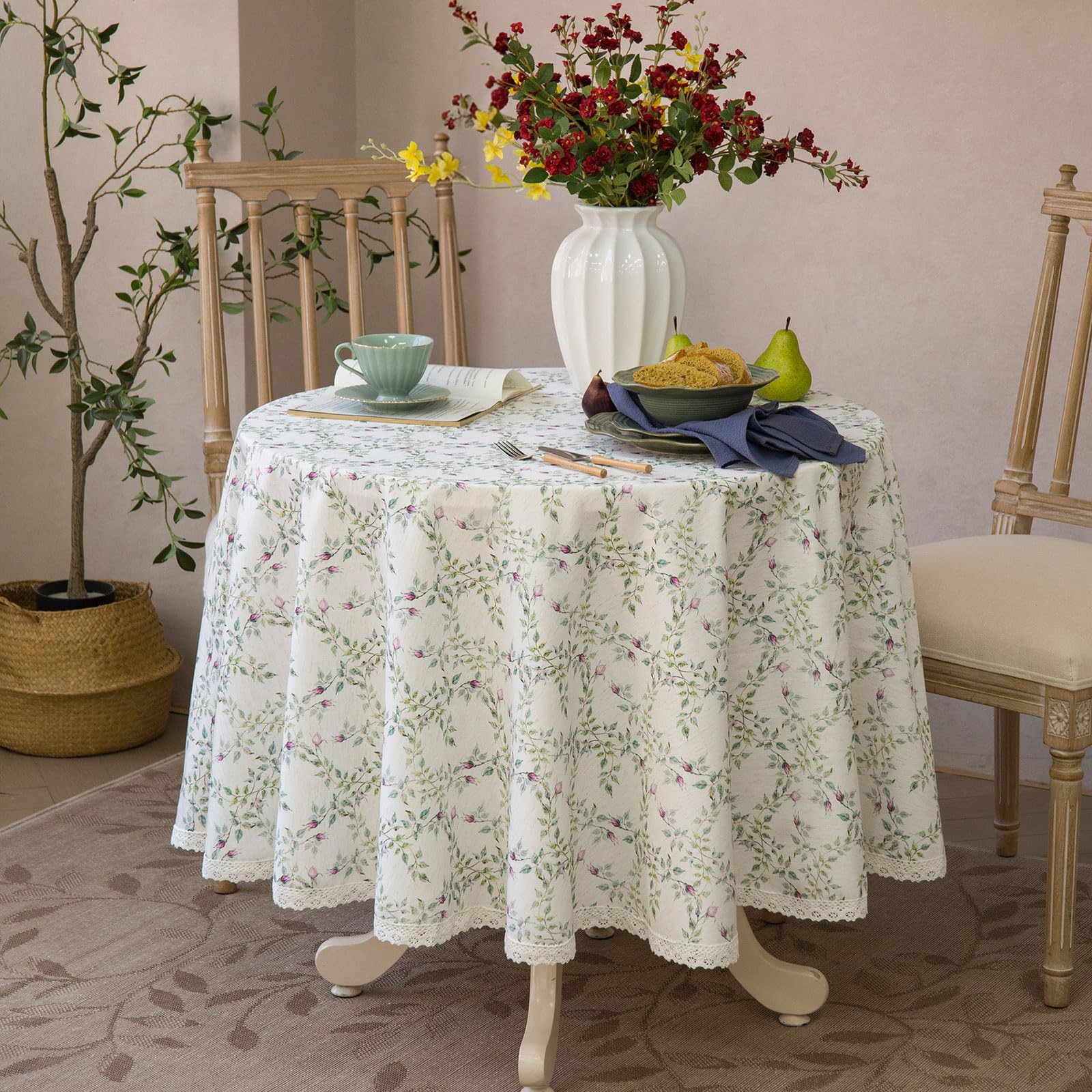 GLORY SEASON Floral Pastoral Tablecloth Wrinkle-Resistant Rustic Natural Style Machine Washable Rectangle Linen Table Cloth for Farmhouse Dining Kitchen Elegant Decor 70 Inch