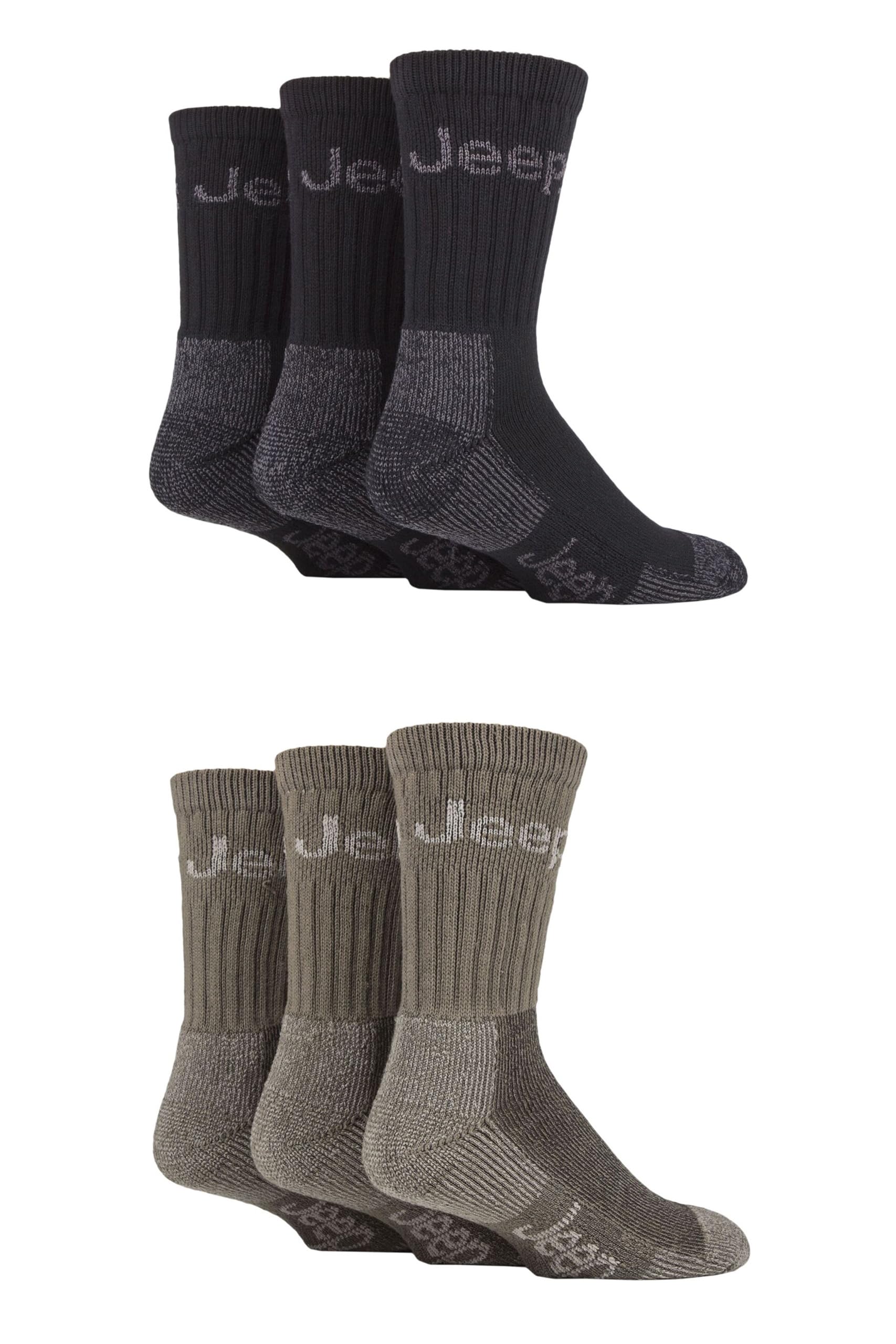 Jeep Mens Cotton Boot Socks - Luxury Terrain Calf Length Plain with Logo,Ribbed, Cushioned & Chunky for Walking, Hiking, Trekking & the Outdoors Size 6-11 6 Pair Multipack Black/Sand