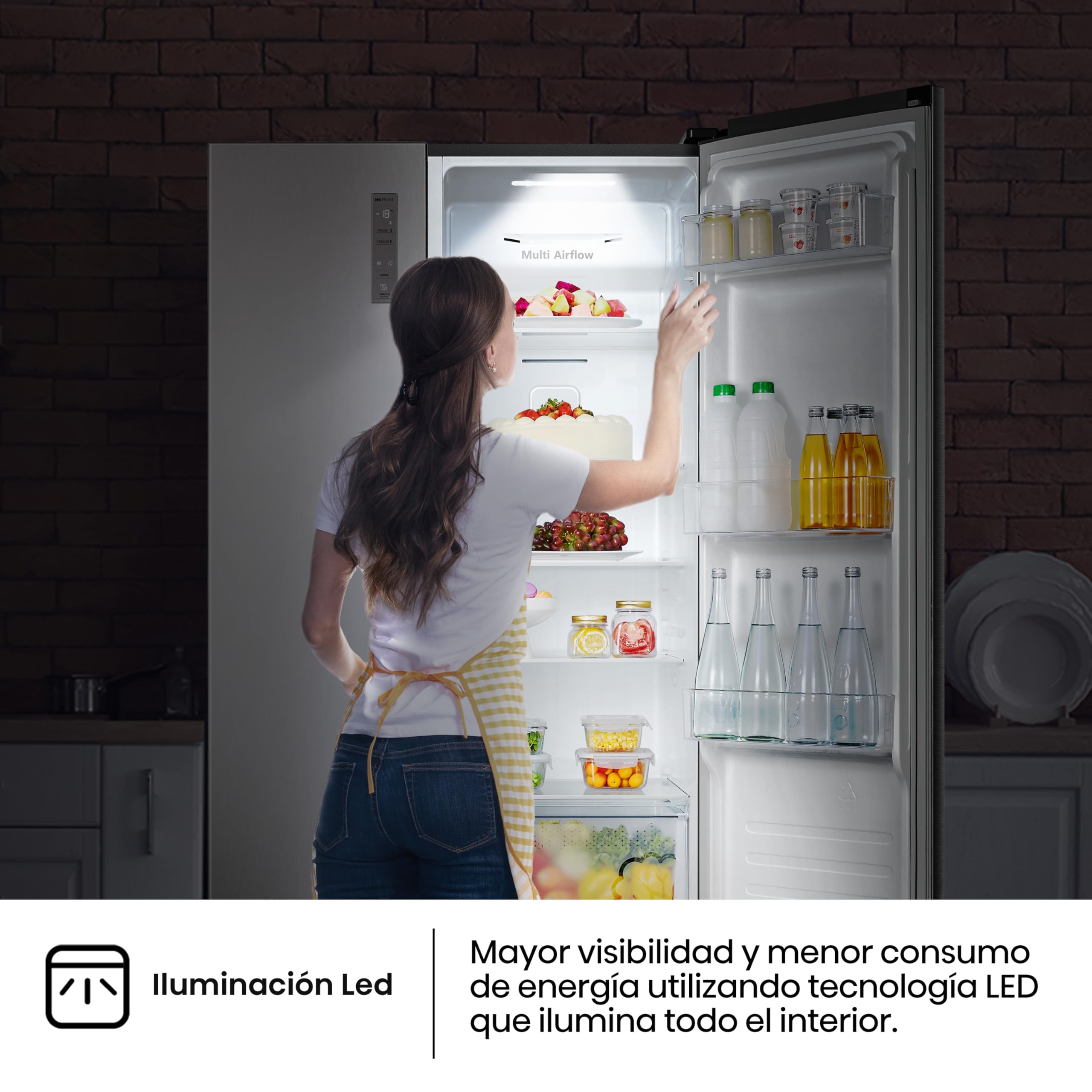 Hisense RS677N4ACC - Frigorífico Americano Dos Puertas, Eficiente Clase C, Capacidad 519 L, ALTO 178,6cm x ANCHO 91cm, Multi-Air Flow, Congelamiento Rápido, Cajón Frutas y Verduras, Color Inox