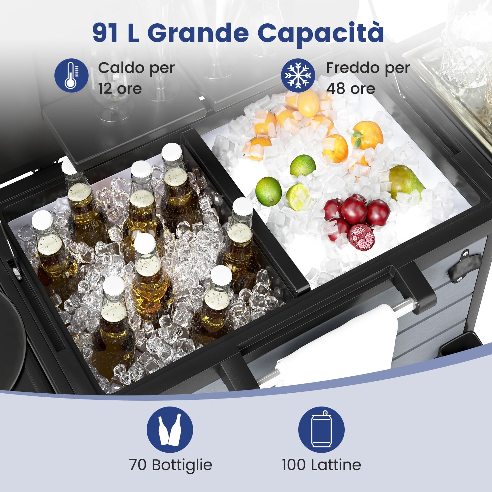 COSTWAY Carrello Porta Ghiaccio su Ruote 83 x 50 x 85 cm, Carrello Refrigerante con Ripiani di Stoccaggio e Apribottiglie, Portata 91 L, Frigorifero Portavivande da Esterno per Feste e Barbecue