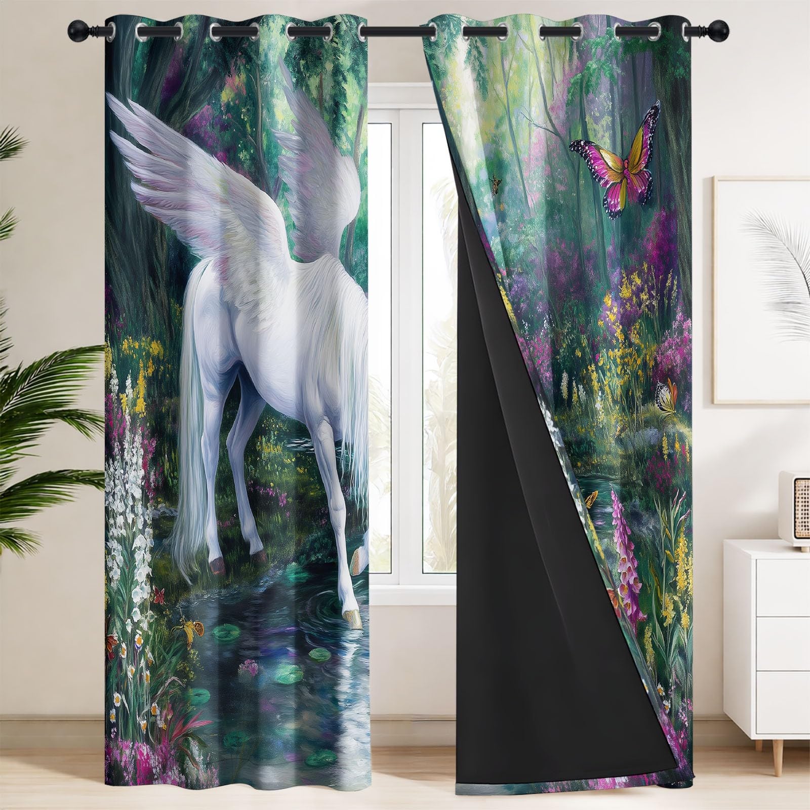 Générique Rideau Occultant Fantaisie, Rideaux Thermiques à Oeillets Licorne Forêt Illustration pour Chambre d'enfants Salon Cuisine, 140 x 160 cm(L x H) Isolant Thermiques Anti UV Rideaux, Lot de 2
