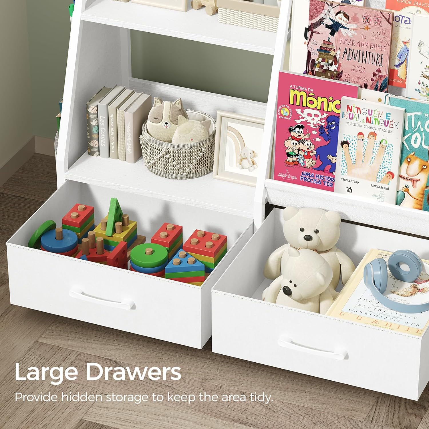 Kids Bookshelf and Toy Storage,3-Tier Sling Bookcase for Kids,Sturdy Toddler Bookshelf for Nursery,Playroom, Bedroom,White KBWT8401