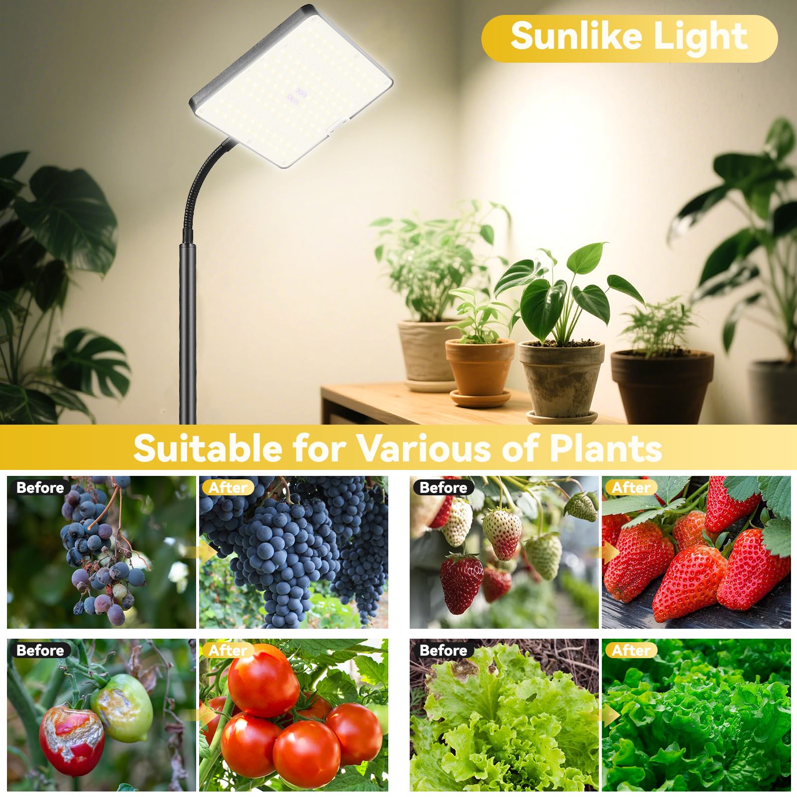 Lampe Horticole Led À Spectre Complet, 3 Couleurs, Minuterie 4/8/12 H, 10 Niveaux De Luminosité, Hauteur Réglable De 50 À 125 Cm Pour Les Grandes Plantes Ou Les Semis.