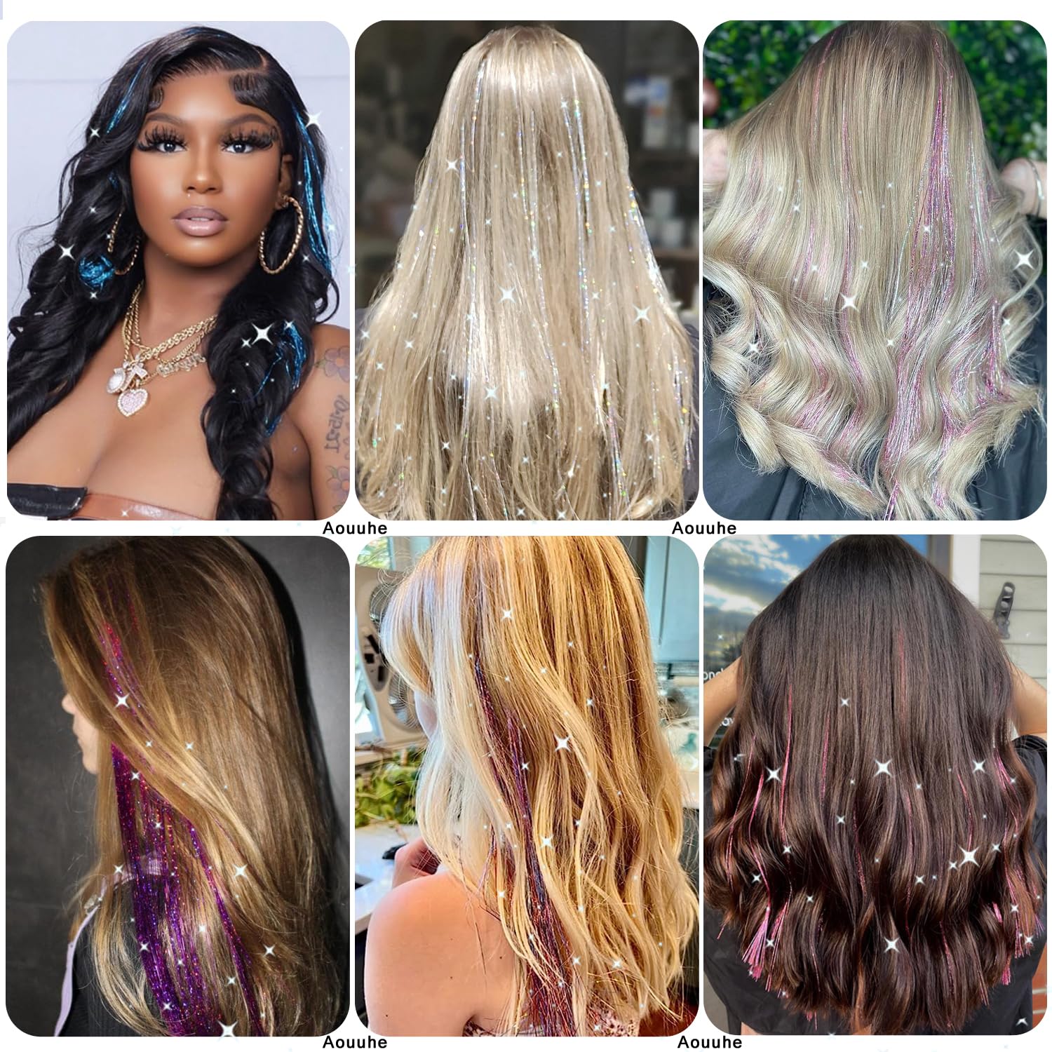 Kit de oropel para el cabello, 24 colores, 7800 hebras de cabello con herramientas, extensiones de cabello de oropel con purpurina de 48 pulgadas, kit de oropel de pelo de hada festivo, para 6