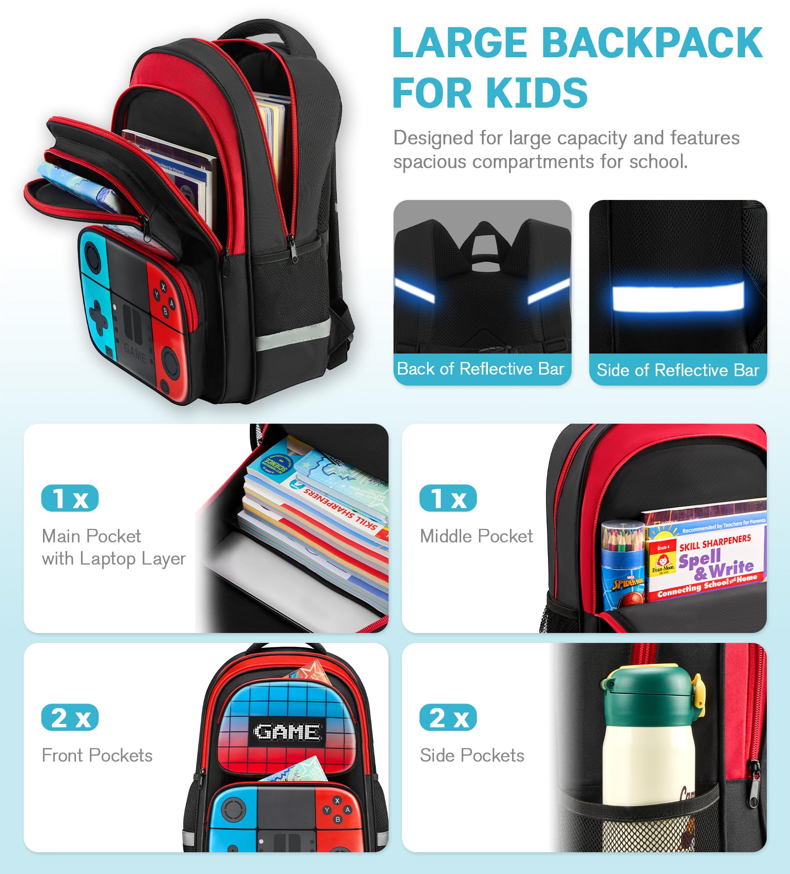 Mochila para niños para la escuela, mochila gamer de 17.3 pulgadas para niños, bolsa de libros de juegos con múltiples bolsillos