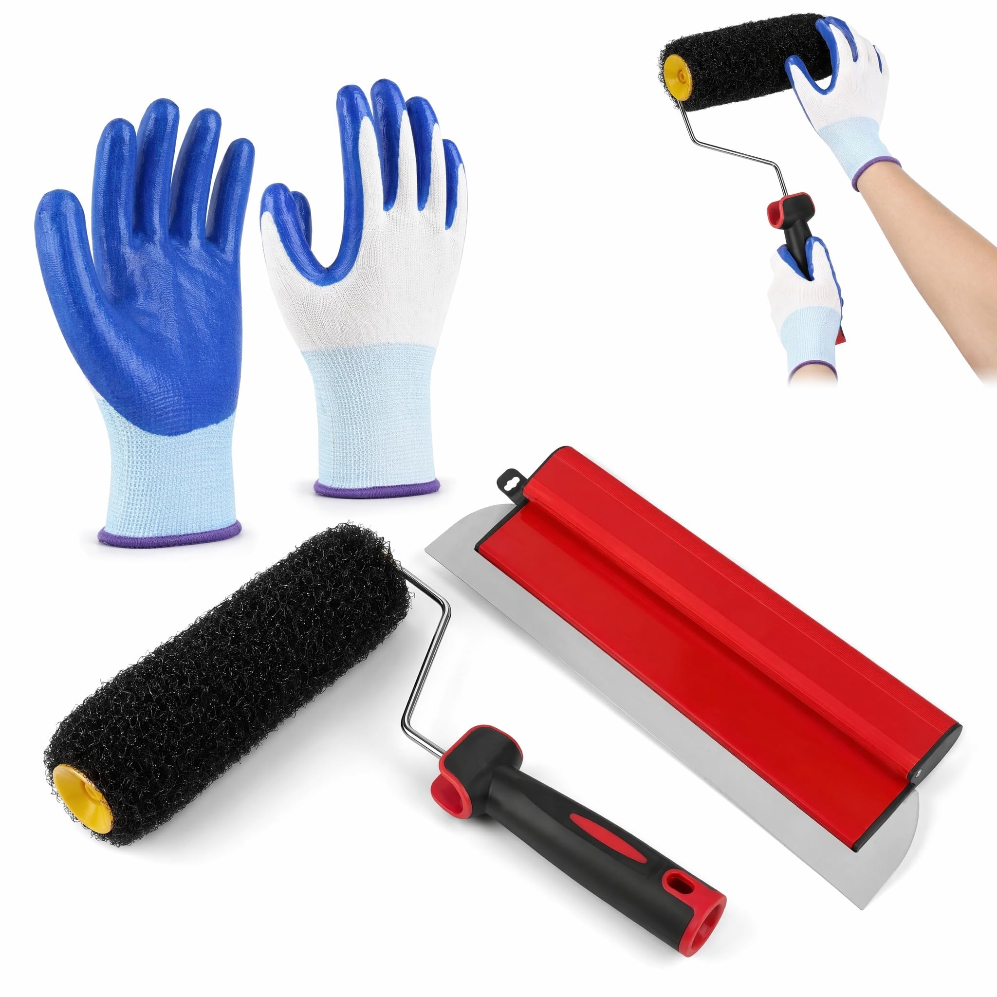 Drywall Skimming Blade, Smoothing Spatula with Roller Cover and Gloves