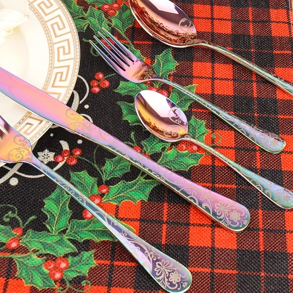 Set of 20 Flatware Gift Set Service for 4 People, Mirror Polish Vintage Scroll Pattern Rainbow Color Cutlery Set, Knives and Forks and Spoons Sets, Silverware Set Victorian Pattern Design(20-05-CLF)