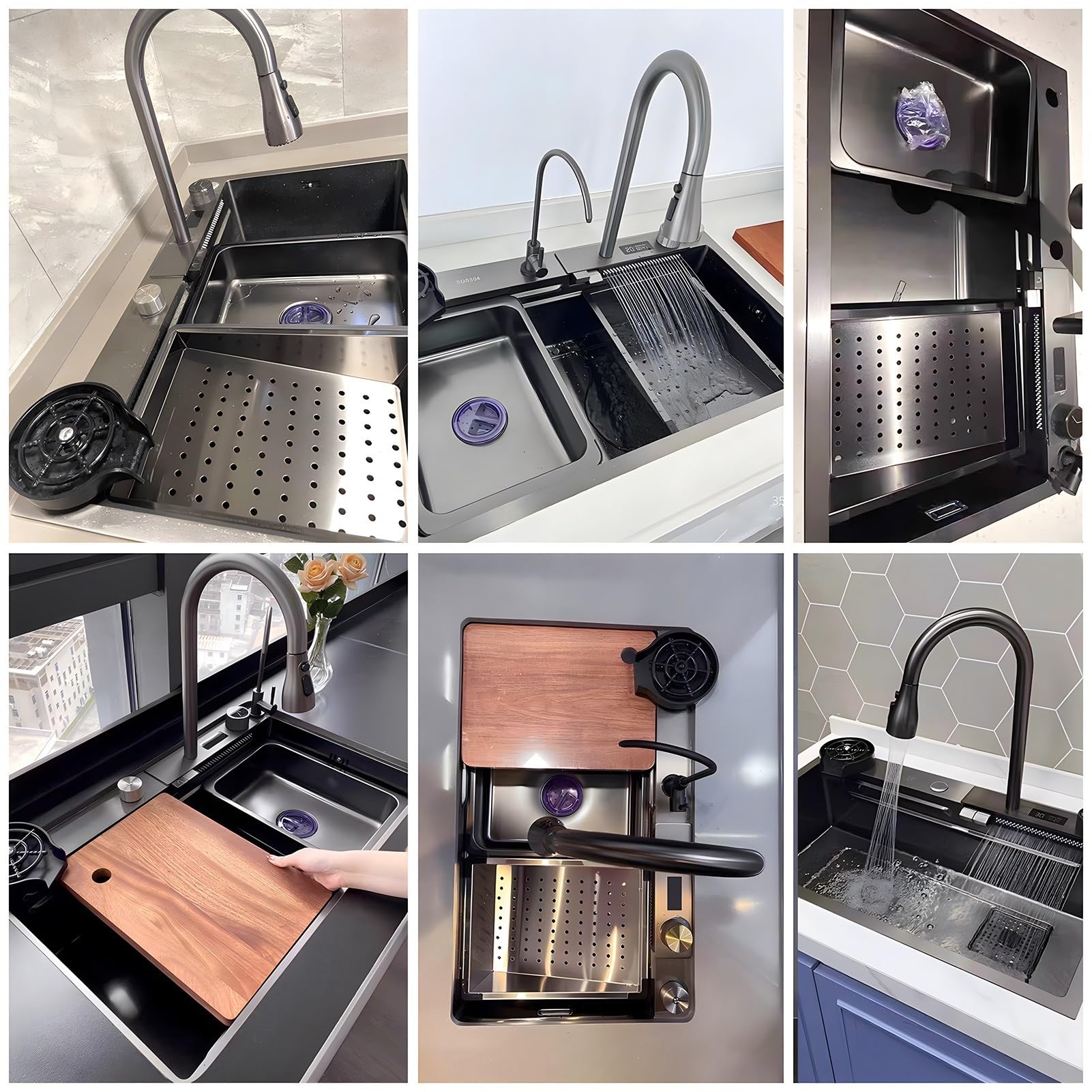 Lavello da Cucina di Grandi Dimensioni con postazione di Lavoro, lavello Multifunzionale per Bar con Rubinetto a Cascata, Kit lavabicchieri e scolapiatti, lavello a Vasca Singola i