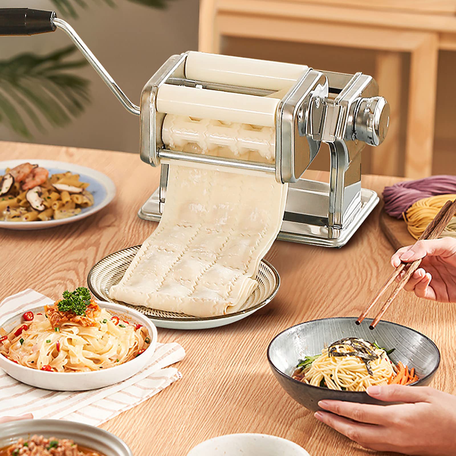 Máquina para Hacer Pasta Multifuncional para el hogar Máquina de prensado de Fideos de Acero Inoxidable 9 Ajustes de Espesor Ajustables Espaguetis con Bolas de Masa h