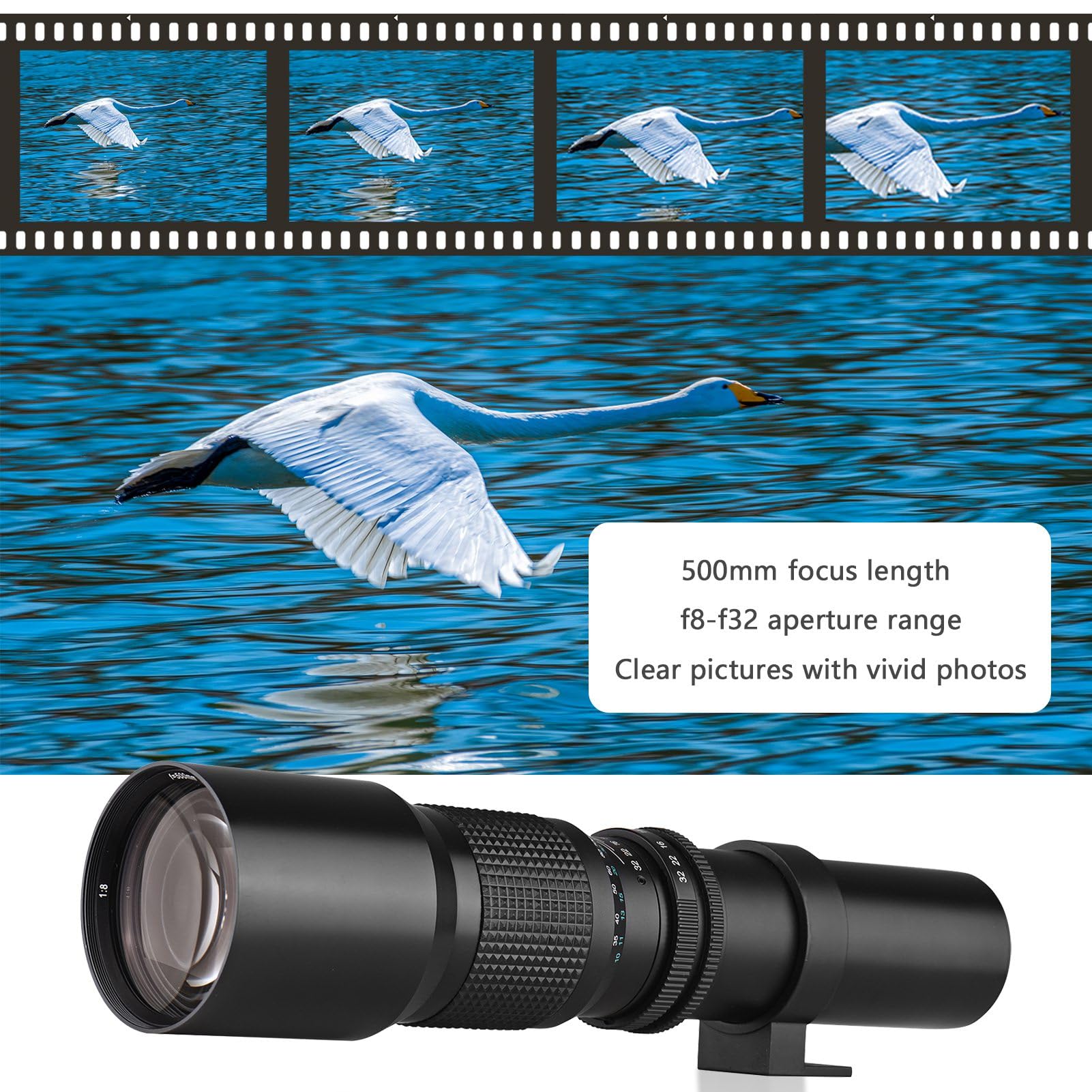 Obiettivo Super Teleobiettivo da 500 Mm per Fotocamere con Zoom Manuale, Apertura F8.0 F32, Obiettivo Multistrato, Attacco per Treppiede con Anello Adattatore per Attacco NEX E
