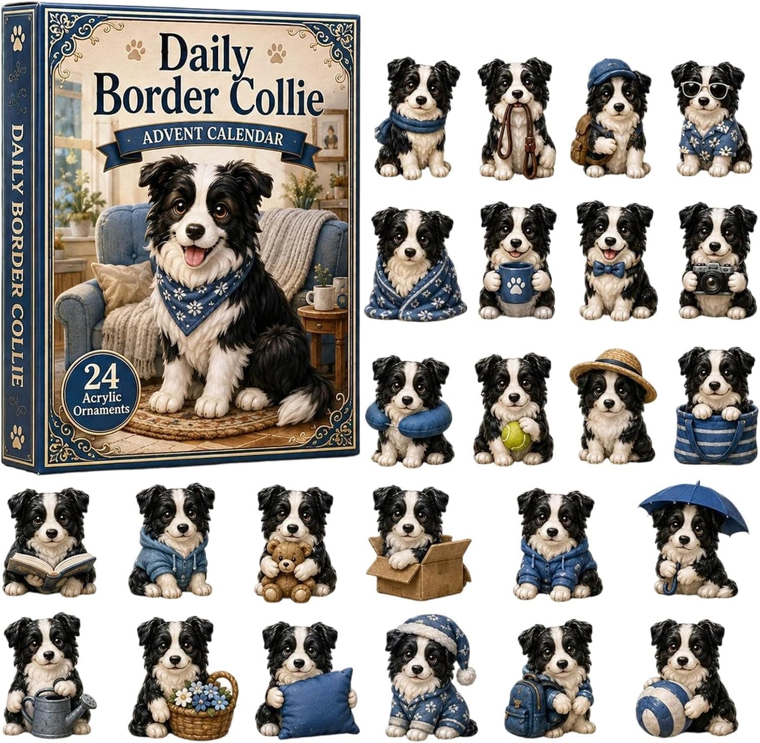 Christmas Border Collie Advent Calendar 2026 with 24 Acrylic Ornaments