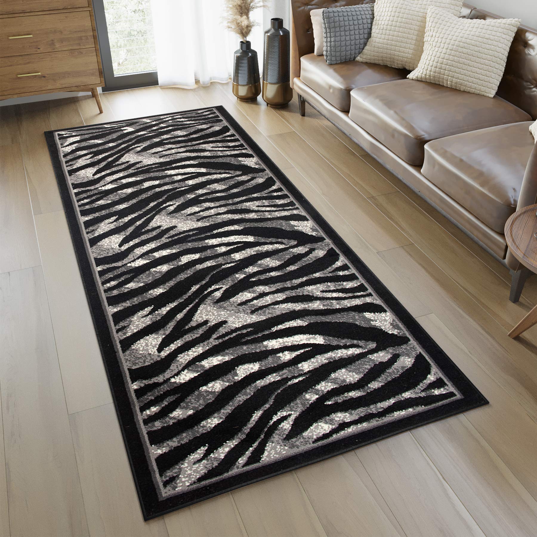 TAPISO Dream Alfombra de Pasillo de Salón Habitación Infantil Comedor Entrada Cocina Escalera Diseño Moderno Piel Animal Negro Gris Crema Alfombra de Pelo Corto Suave Fina 100 x 150 cm