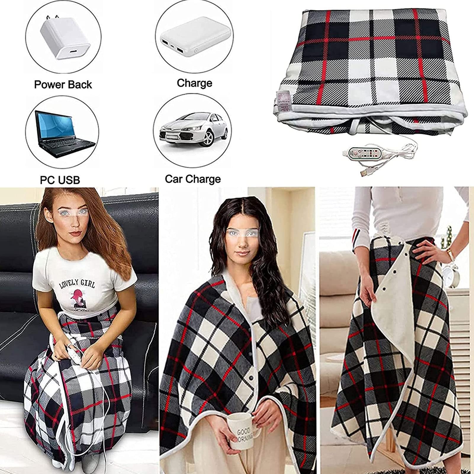 Elektryczny podgrzewany koc, elektryczny zimowy ciepły flanelowy w kratę Podgrzewany koc USB z guzikami Poręczny bezprzewodowy koc do owijania Elektryczna podkładka grzewcza z regulacją temperatury w