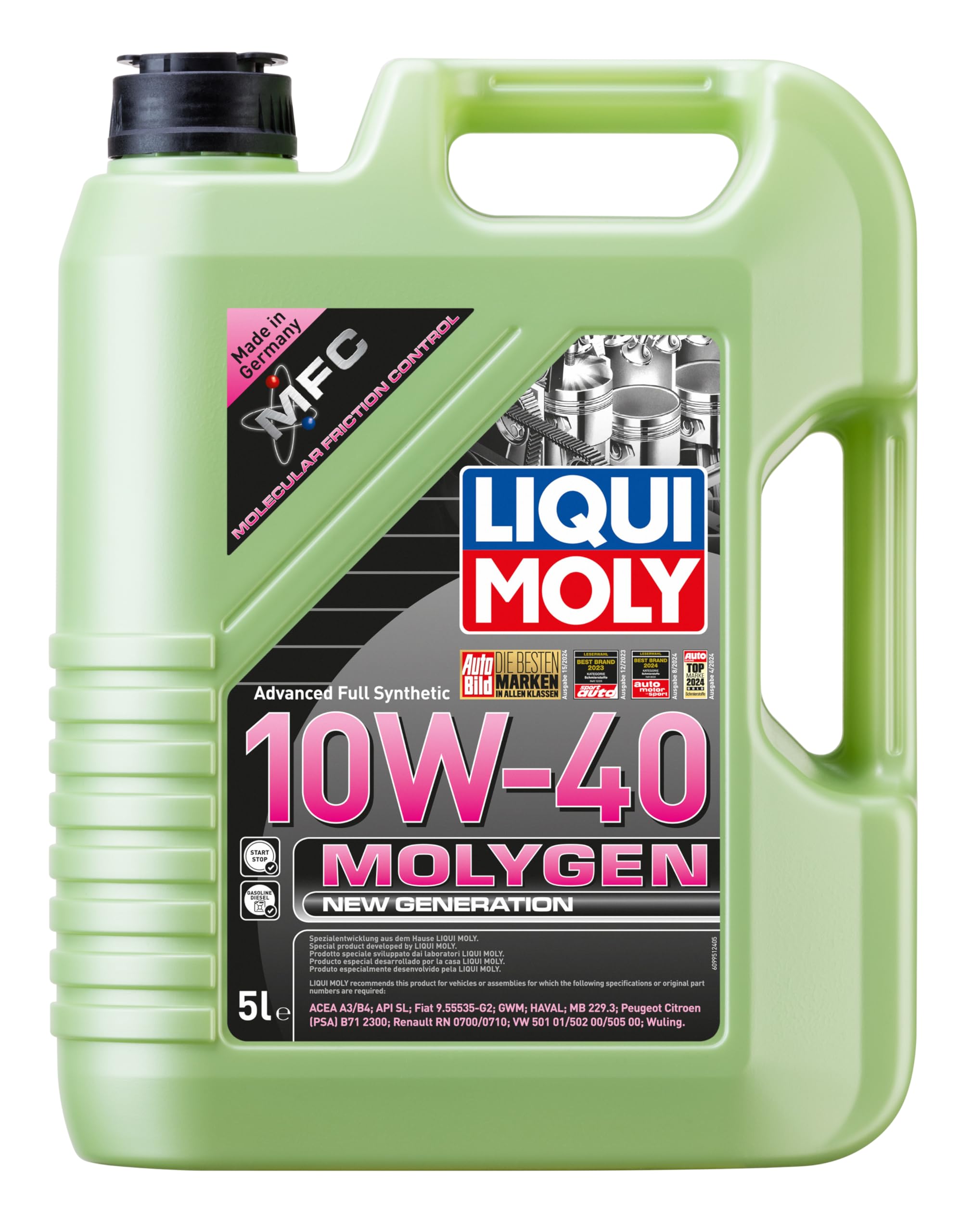 LIQUI MOLY Aceite de motor 10W-40 Molygen aceite parcialmente sintético ACEA A3/B3 ACEA A3/B4 API SL New Generation 5L Compatible con VW Polo V Hatchback 6R1, 6C1 Golf 7 Hatchback 5G1, BQ1, BE1, BE2