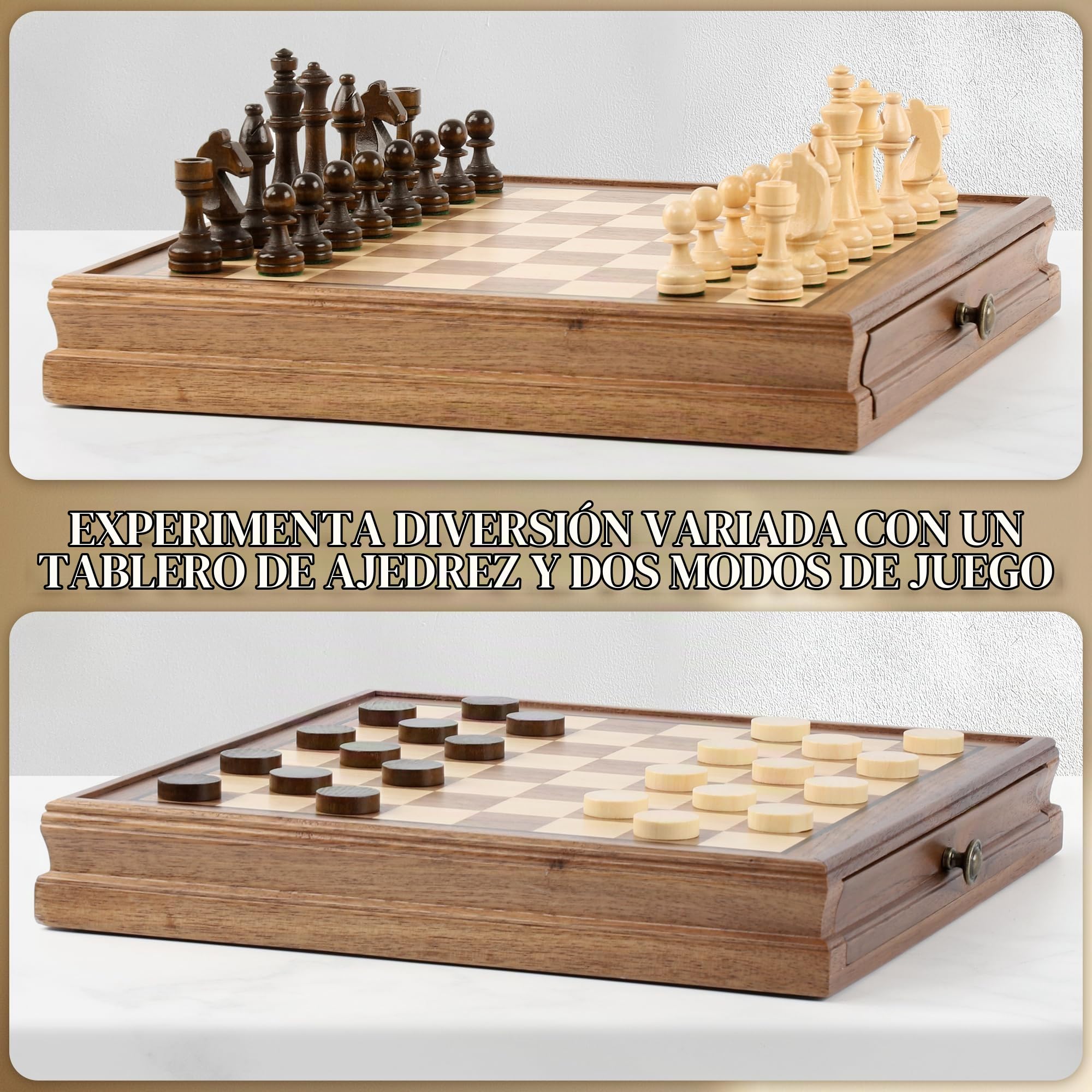 Juego de ajedrez y damas magnético de madera de nogal con cajón, 2 en 1, grandes figuras de madera, ajedrez de viaje plegable, para adolescentes a partir de 14 años y adultos