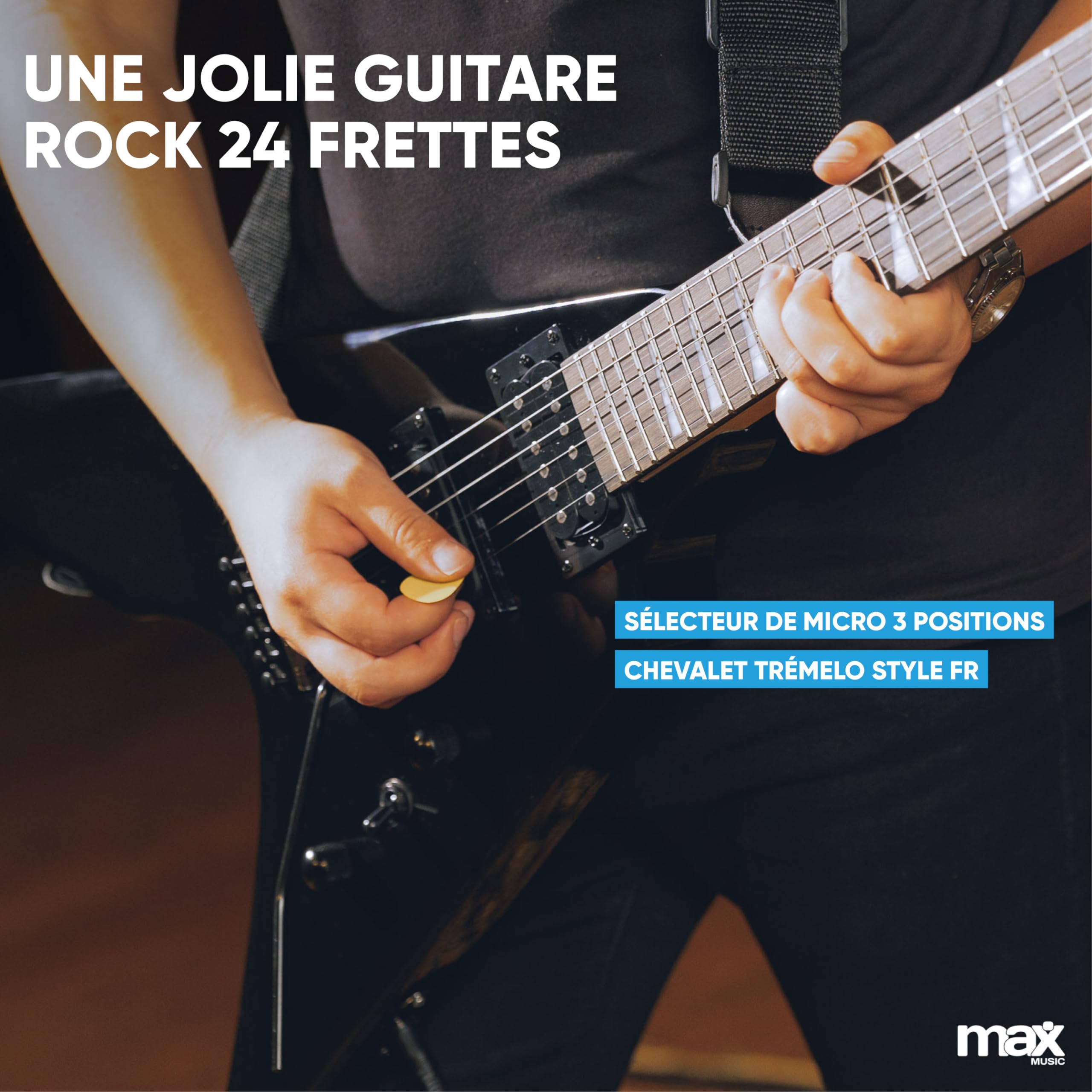 Max Pack Guitare Électrique Style V avec Ampli 40 Watts et Nombreux Accessoires, Housse, Accordeur, Cordes de rechange, Sangle, Câble 3m et Médiators, Kit Complet pour Bien Débuter - Noir