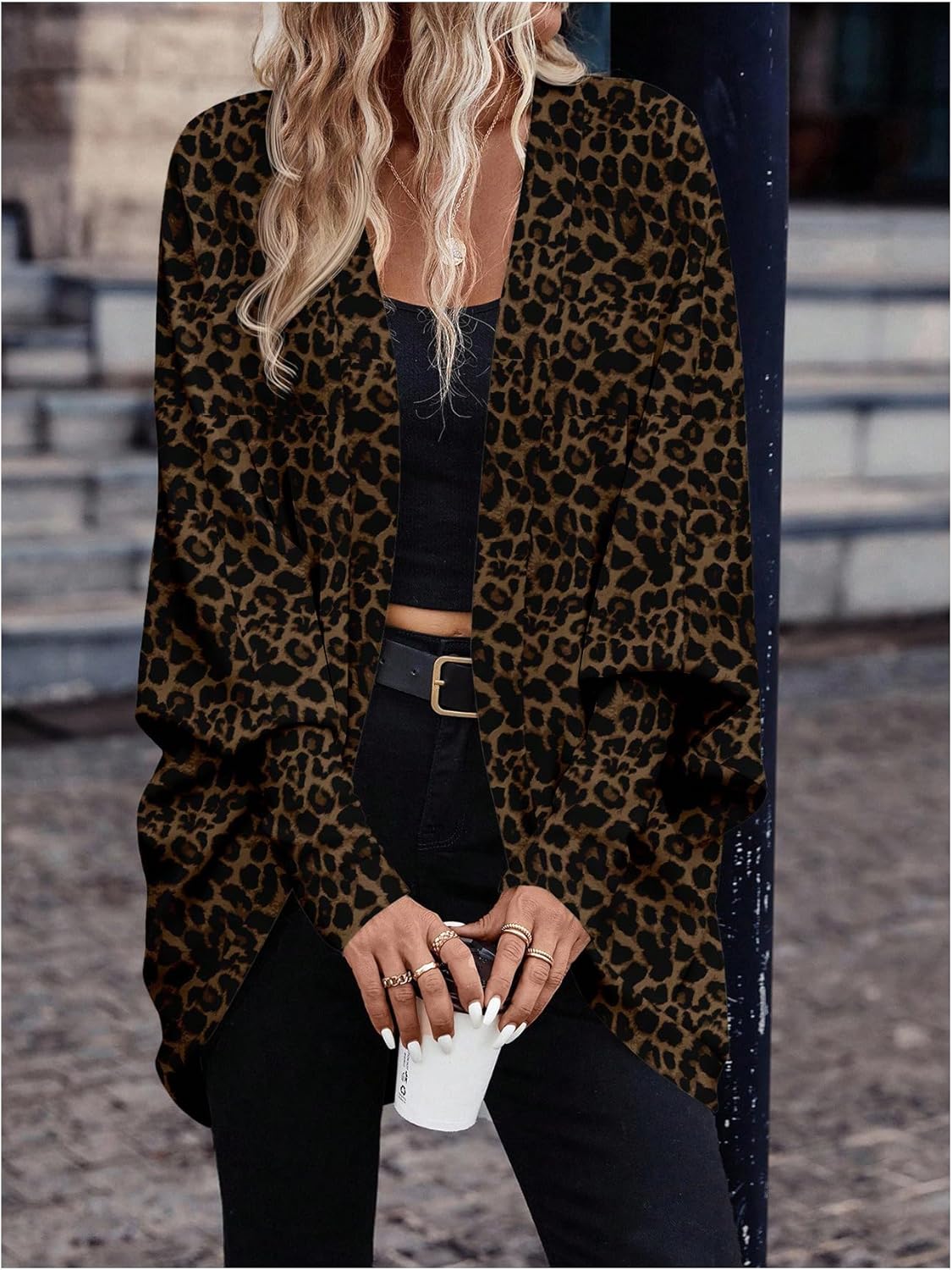 SHENHE Women's Cheetah Open Front Oversized Jacket Dolman Sleeve Fall Lightweight Bat Wing Jacket - Image 4