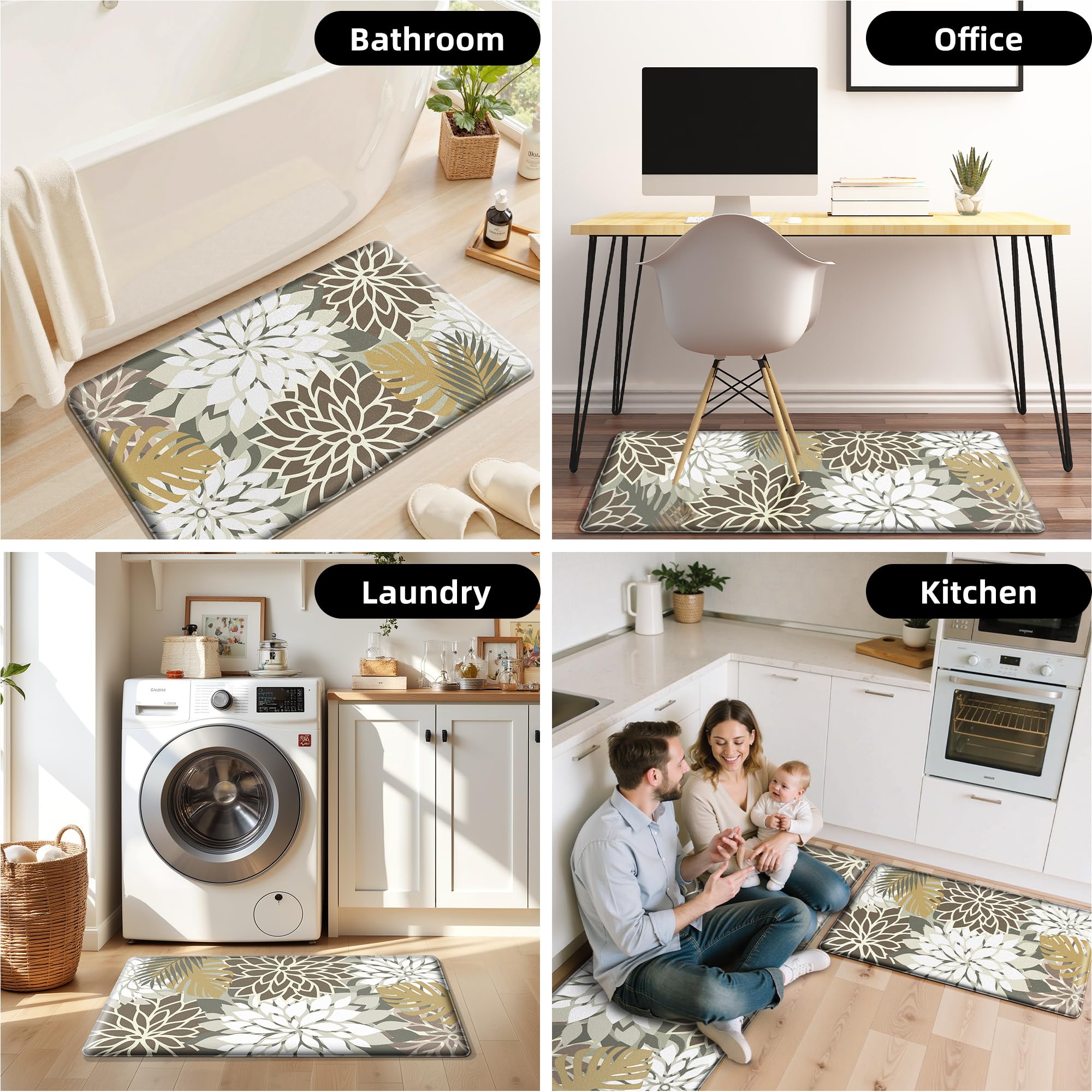 Arenarug Kitchen Mats for Floor 2 Piece Cushioned Anti Fatigue Kitchen Mats Waterproof Non Slip Kitchen Mat Rug Set Comfort Foam Standing Mat for Sink, Laundry, Office, Black White: Brown White 17.3"x30"+17.3"x59"-0.4 inch