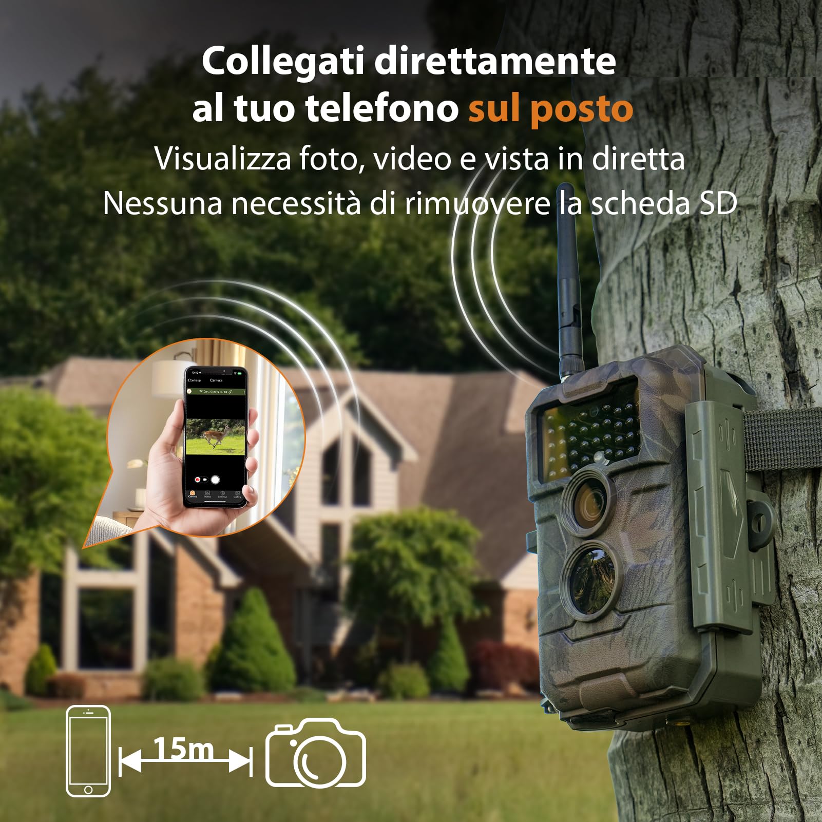 GardePro E6 Fotocamera Caccia WiFi Antenna con App 48MP 1296P H.264 Vidéo Fototrappola Infrarossi Invisibili Obiettivo con campo visivo di 110° Visione Notturna Fino a 25m, No-Glow IR LEDs