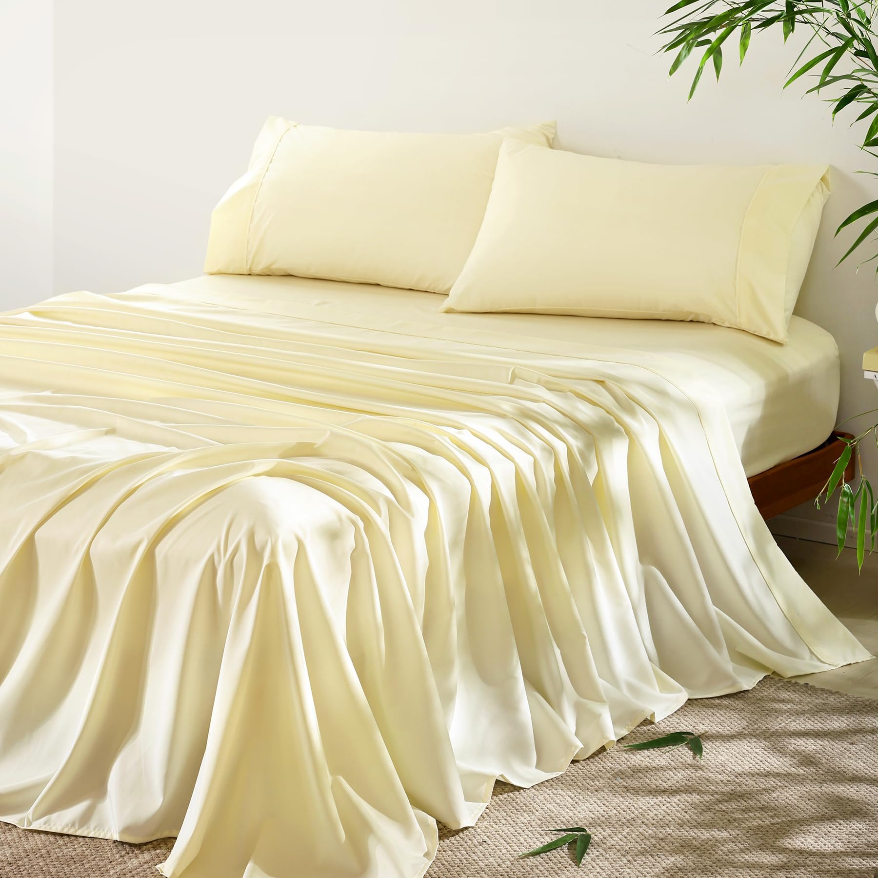 4 Piece Twin Size Sheet - Cooling Bed Sheets Set, Blend Rayon Derived from Bamboo, Breathable Soft Hotel Luxury Bedding & Pillowcases, Silky Fit 16 inch Extra Deep Pocket, Oeko-Tex - Ivory Cream