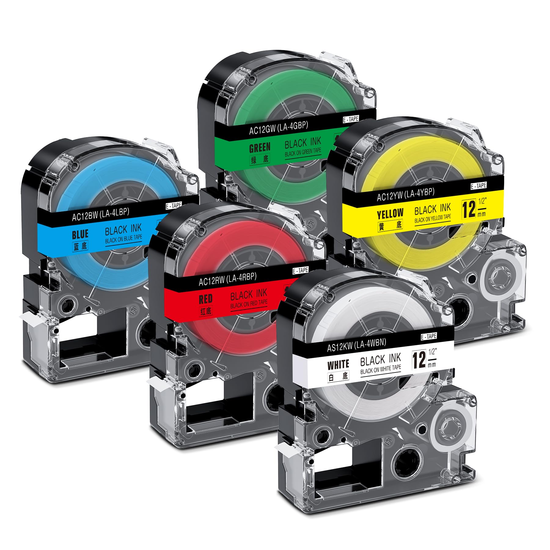 Aonomi Compatible for Epson Label Maker Tape 12mm 0.47‘’ LabelWorks Cartridge Black on White/Red/Green/Yellow/Blue Work for Epson LW-300 LW-400 LW-500