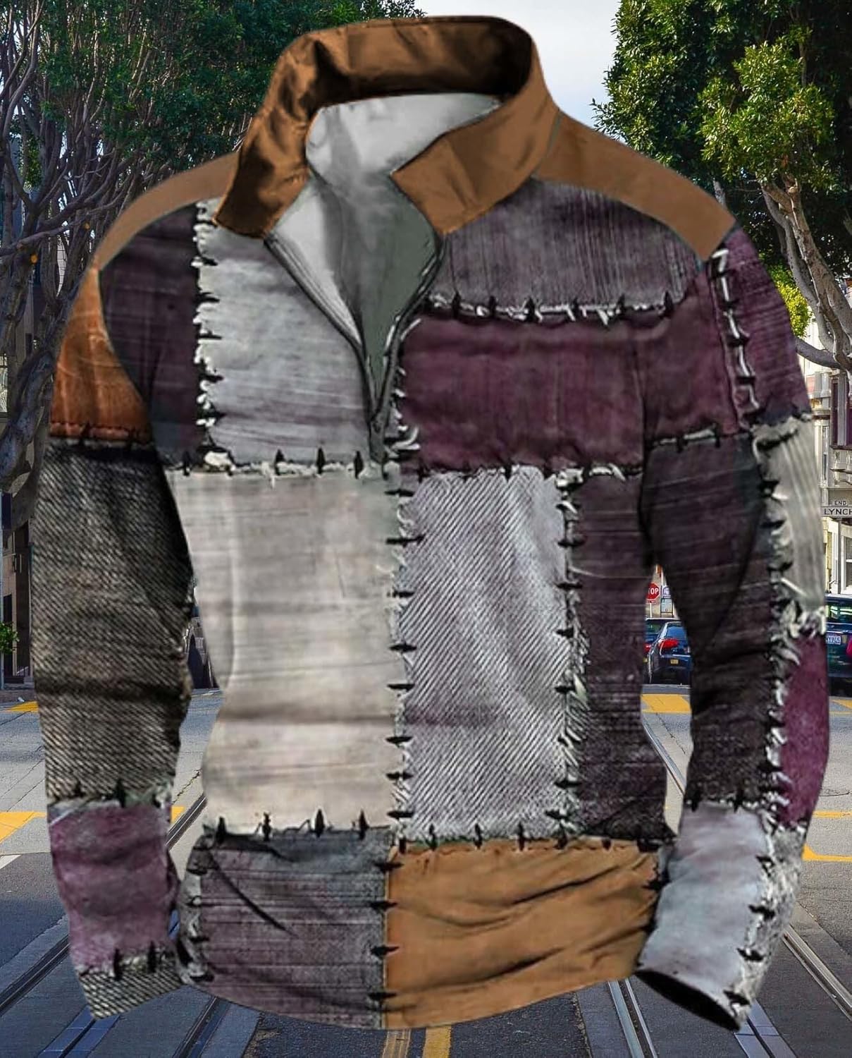 Mens Retro Large Size Long Sleeve Shirt Fashion Zipper Pullover Plaid Patchwork Street Top Create Trendy Street Style - Image 6