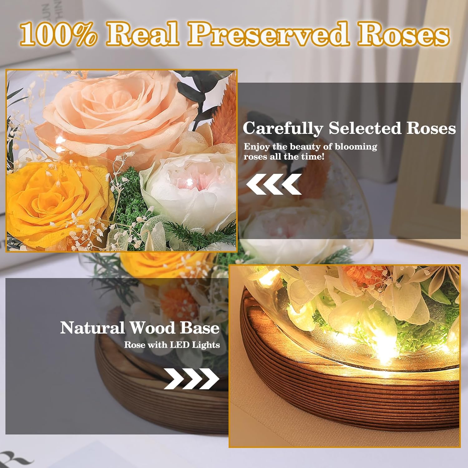 FIACO Valentines Day Gifts for Her Preserved Flowers in Glass Dome Long-Lasting Eternal Fresh Roses Birthday Gifts for Women Mom Grandma Wife Girlfriend Forever Flowers for Delivery Prime Decorations - Image 3