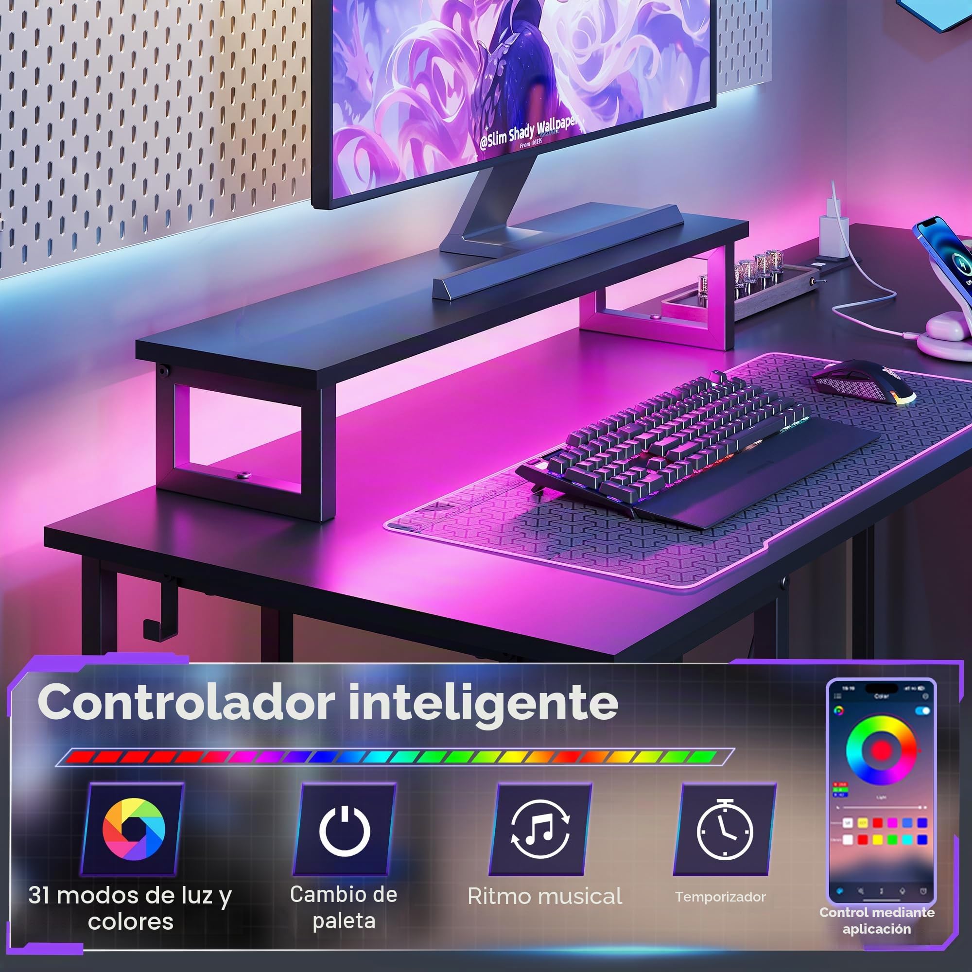 DEVAISE Escritorio en L de 150 x 120 cm con Tomas de Corriente, USB y Luces LED, con Estantes de Almacenamiento, Mesa de Ordenador para Oficina en Casa, Negro