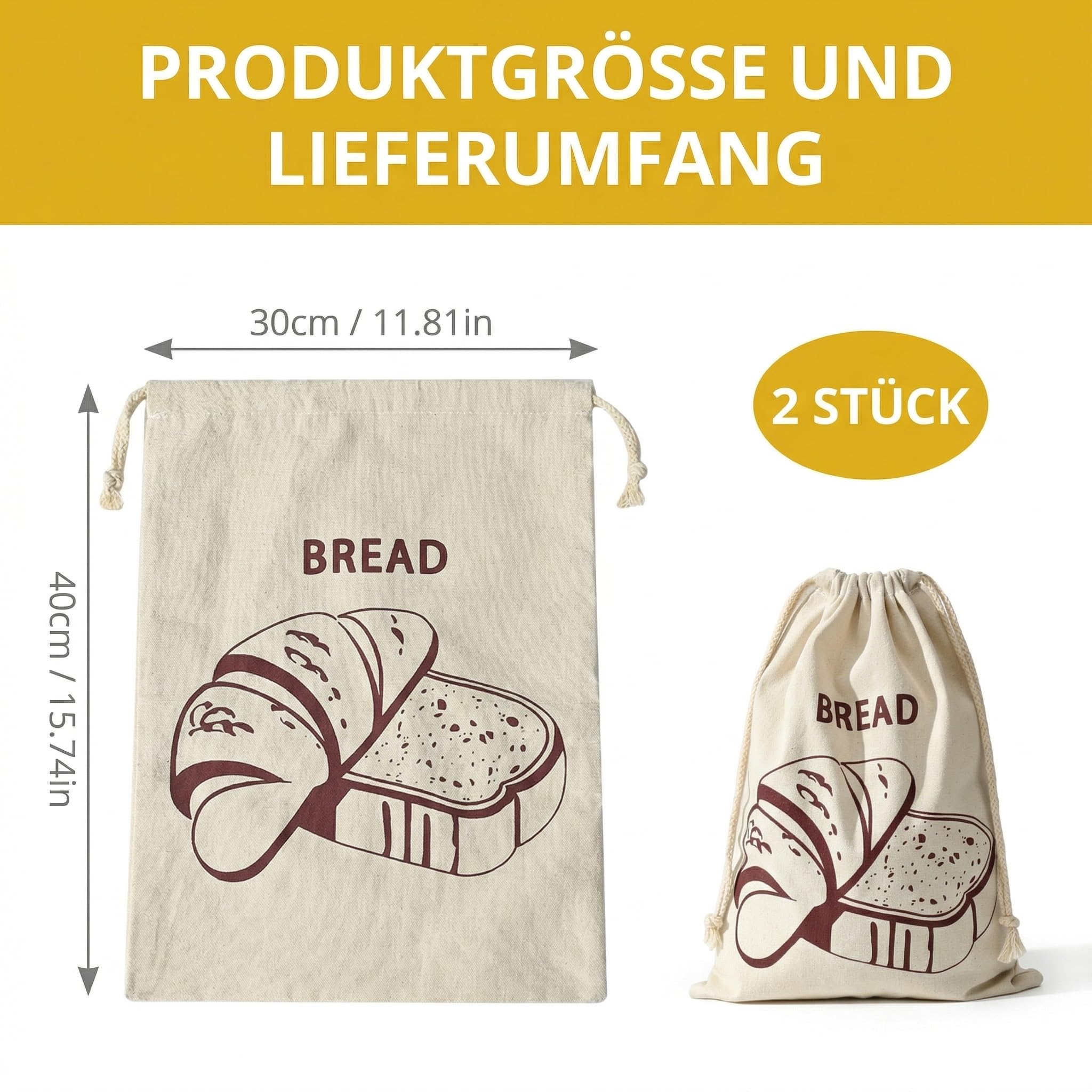 Sac à Pain Réutilisable en Tissu Lot de 2 30 x 40 cm avec Cordon de Serrage pour Baguette Fruits Stockage