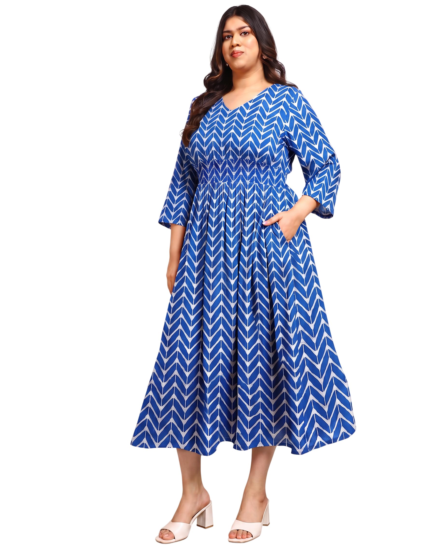 Printed Smocking Fit and Flare Plus Size Maxi Dress for Women's|3/4 Sleeves V Neck Fancy Dress|Western Casual Trending Stylish Long One Piece Dress (Blue)-image-9