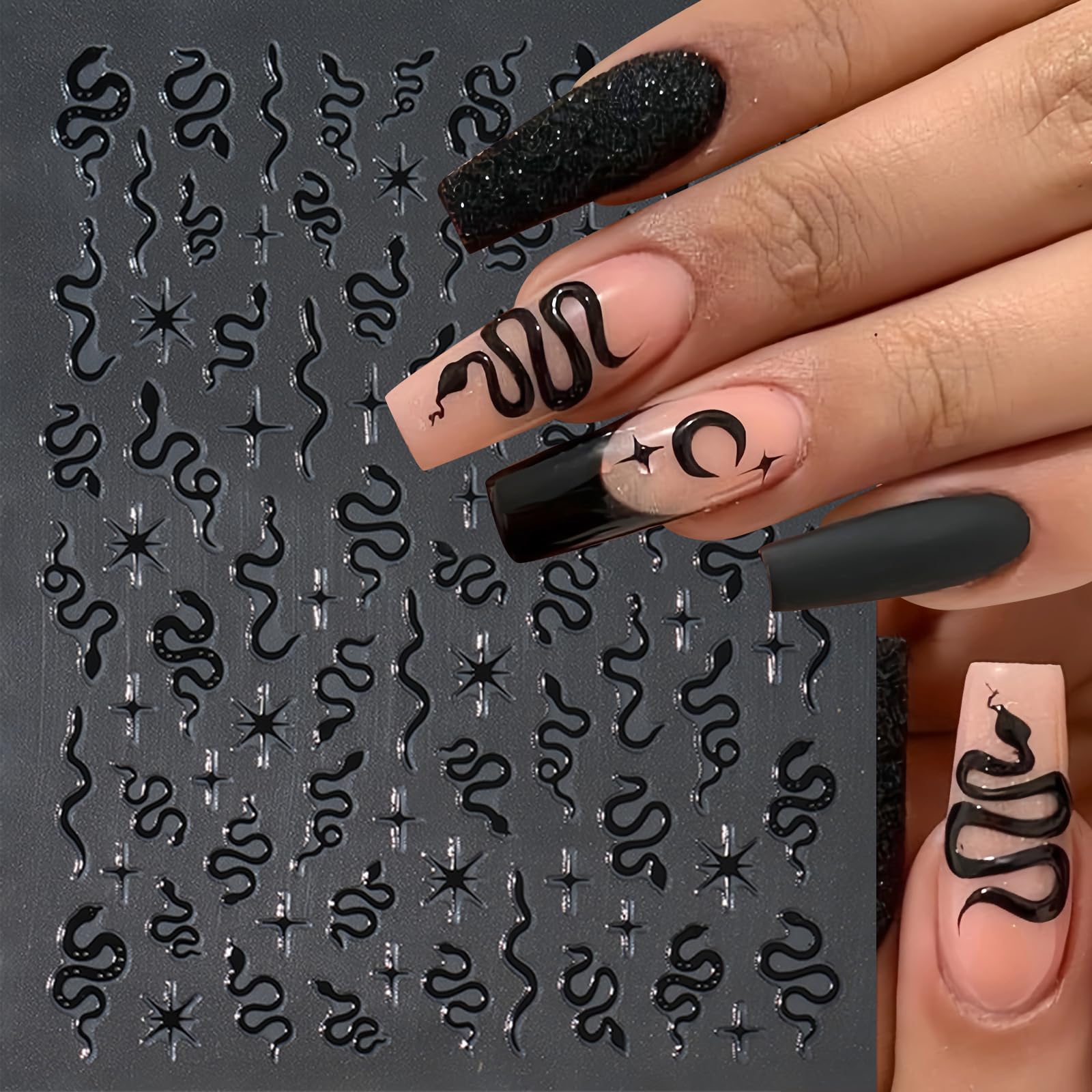8 Sheets Black Snake Nail Art Stickers White Gold Laser Small Snake Nail Decals Star Snake Nail Art Supplies Holographic Golden Snake Nail Design Decoration Accessories for Women Girls Manicure DIY