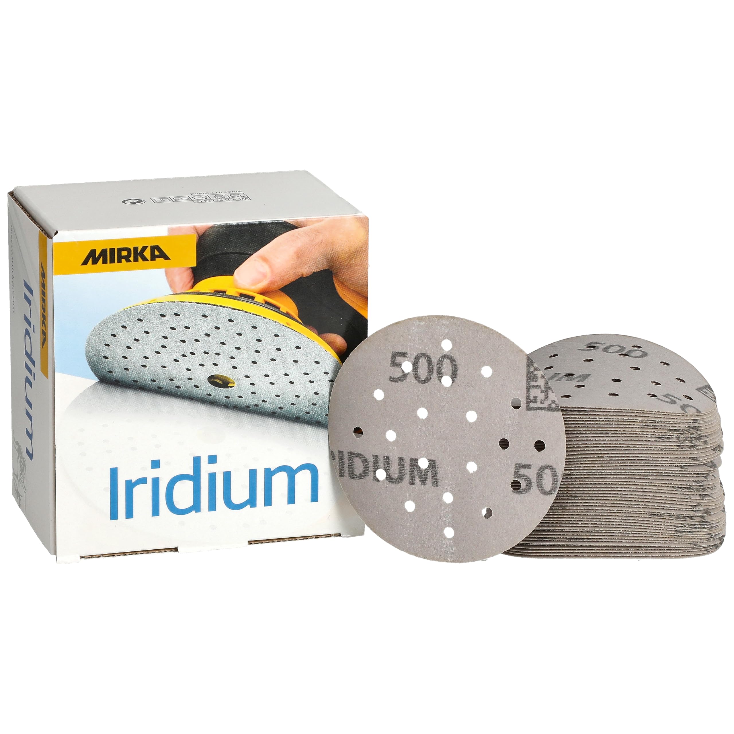 Mirka Iridium Premium Sandpaper Ø 77mm 20H Hook & loop Grit 500, 50 pcs/For sanding paint, putty, primer, wood, steel, mineral materials, plastic.