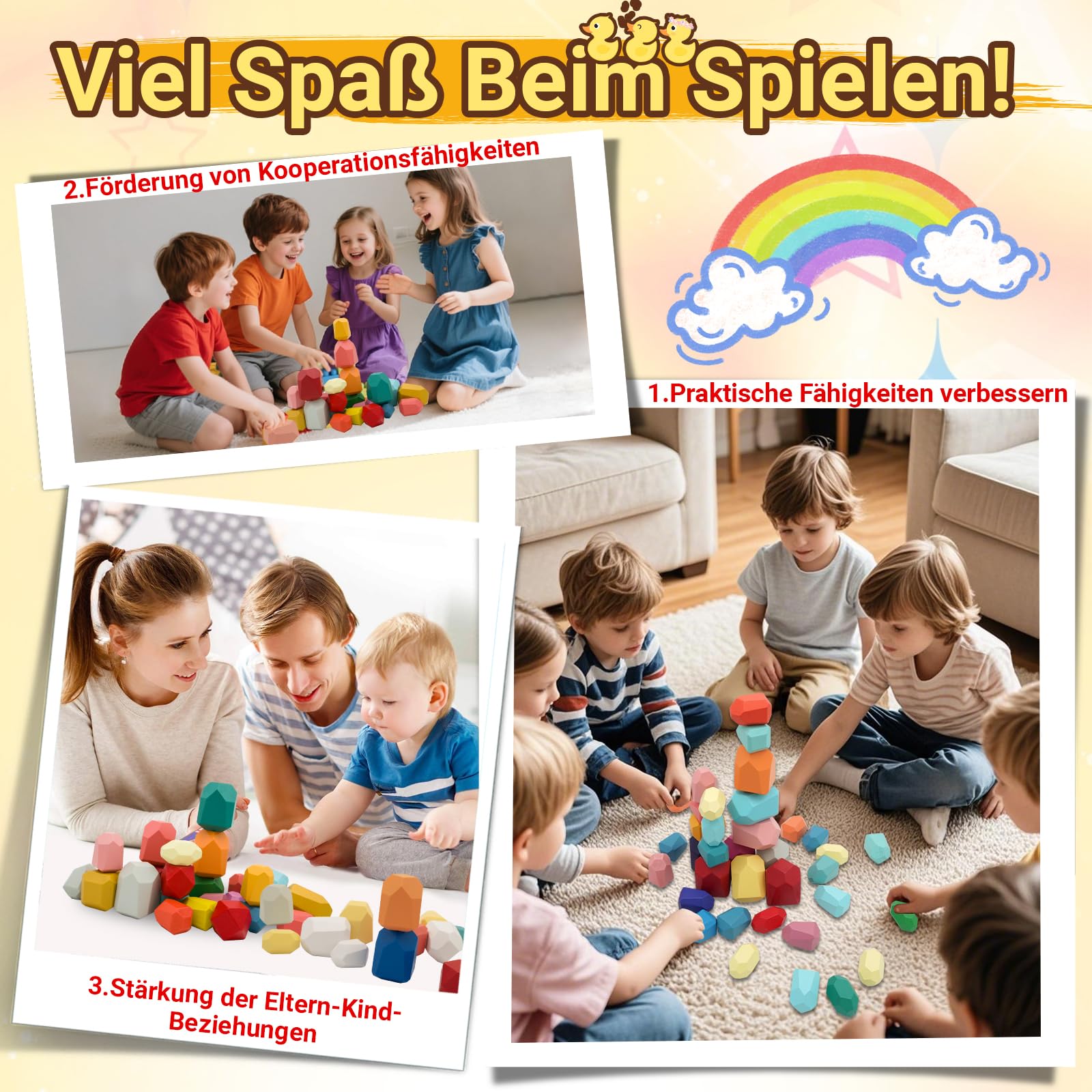 RunHero 39 Stück Stapelsteine Balanciersteine Montessori Holz Bauklötze Spielzeug für Kinder Stapelturm Grimms Holzbausteine Stapelsteine Motorikspielzeug Geschenk für Baby ab 3+ Jahr