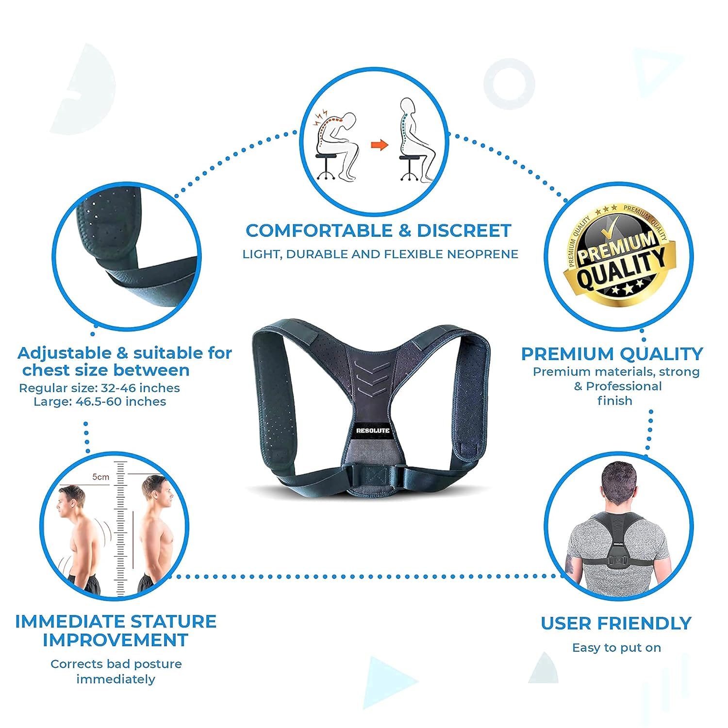 RESOLUTE Posture Corrector for Women and Men. Shoulder Brace Clavicle Support Back Pain Relief. Adjustable Back Support Straps. Longer Straps available to fit Big and Tall., Black, Large : Sports & Outdoors