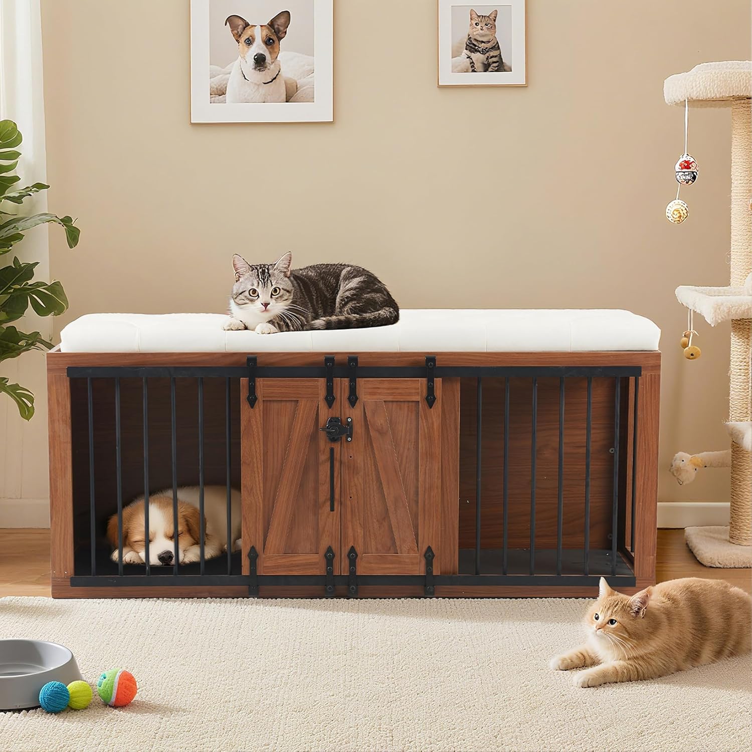 XL Large Dog Crate Furniture 2 in 1, 56" Indoor Dog Kennel Furniture with Removable Cushion, Sliding Barn Door, Heavy Duty Wooden Pet Cage for Large Dogs, Side End Table, Anti-Chew, Walnut