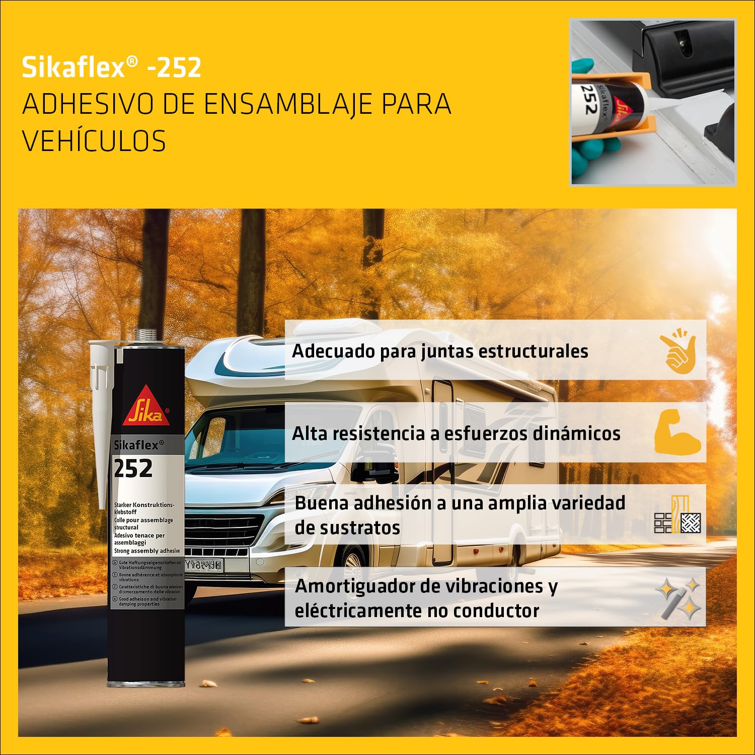SIKA - Adhesivo elástico para unión en montaje de vehículos - Sikaflex-252 - Blanco - Adhesión sobre una amplia variedad de sustratos - Pintable - 300ml