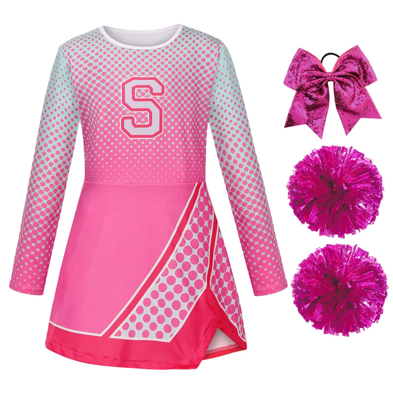 Kostüm Cheerleader Mädchen Cheerleader Kostüm Mädchen Karneval Uniform Fasching Party Kostüm mit Overall Top Haarband mit Schleife Handblumen
