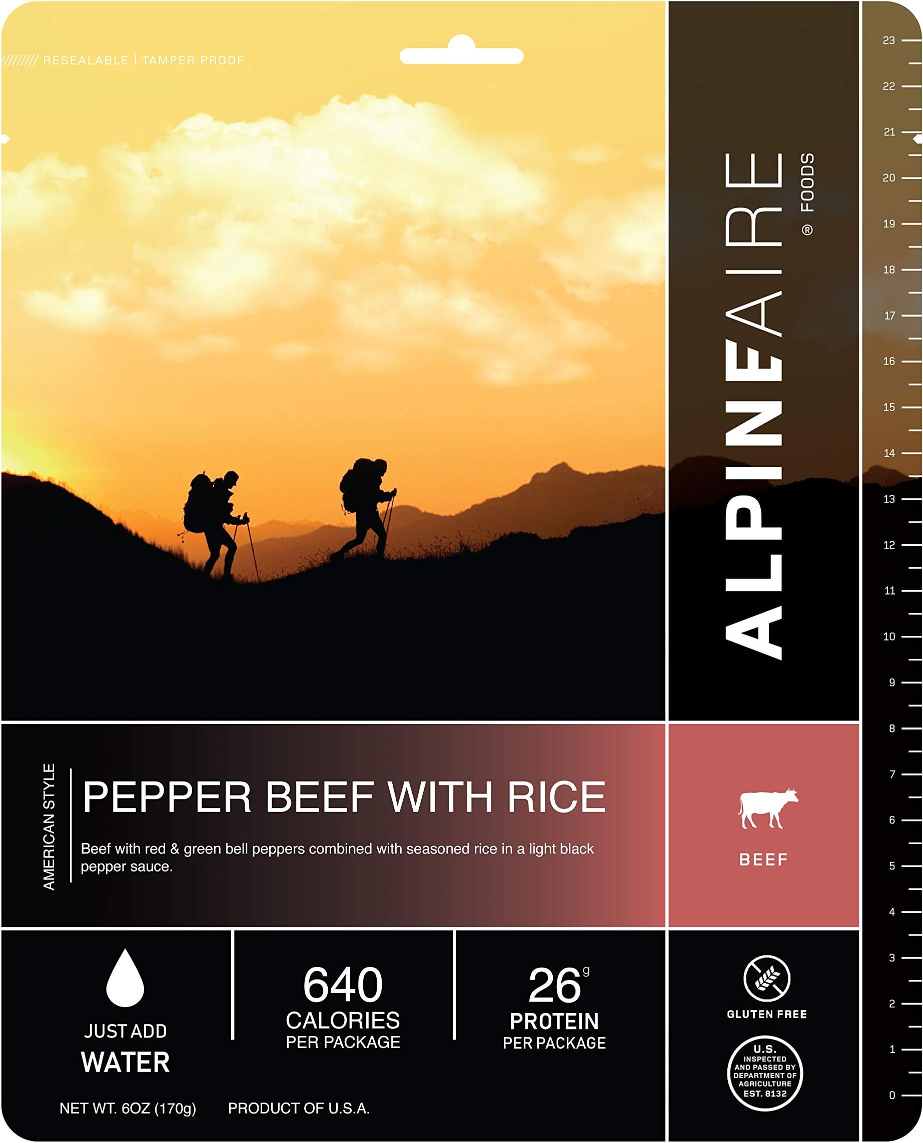 Alpine Aire Foods Pepper Beef with Rice Freeze-Dried/Dehydrated Entrée Meal Pouch, Just-add-Water, 2-Servings per Pouch, Gluten-Free, 14g of Protein per Serving