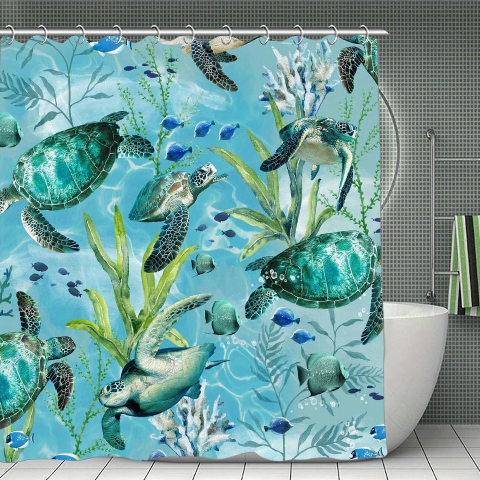 VstaDank Sea Turtle-Blue Shower Curtain Waterproof Bathroom Shower Curtain with C Type Hooks Soft Lightweight Shower Curtains Liner Washable Polyester Cloth Shower Liner 71x71 Inch