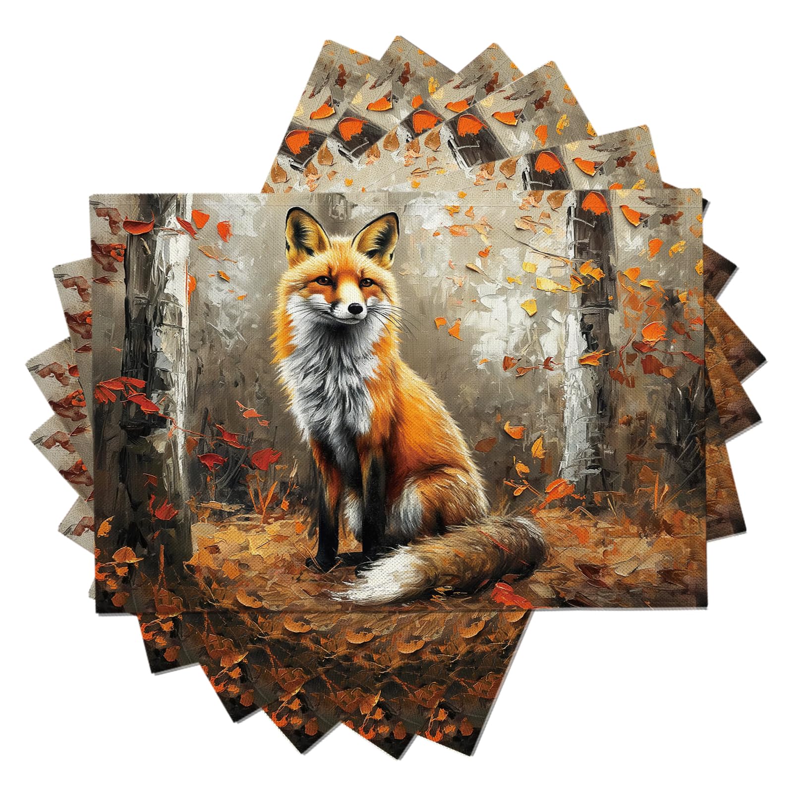 Set di 8 Tovagliette Americane Lavabili Cotone Lino Fumetto - Tovaglietta Americana Stoffa Resistenti al Calore Durevole Volpe della foresta- per Colazione Pranzo