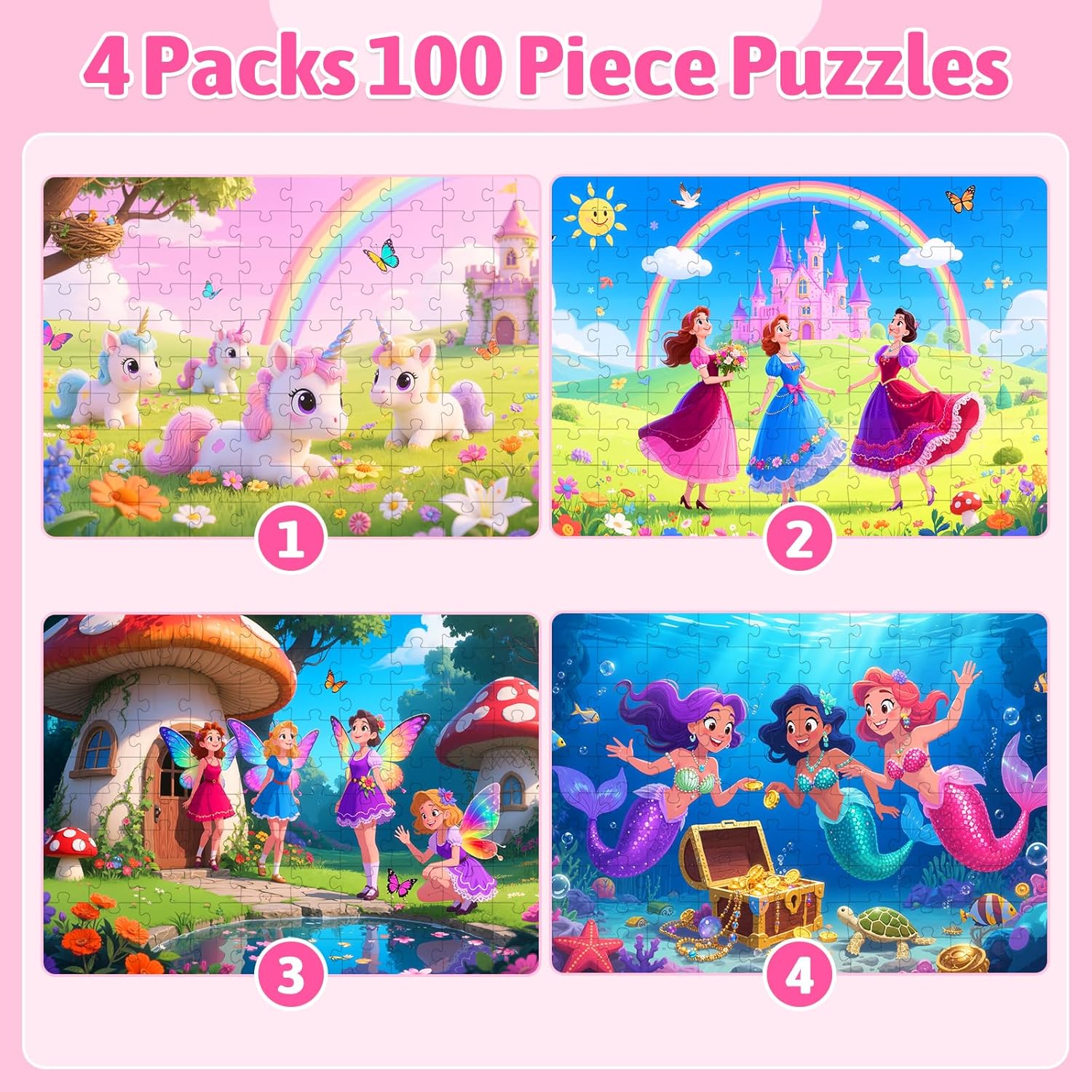 100 Piece Puzzles for Kids Ages 4-6 6-8 8-10, Unicorn Mermaid Fairy Princess Jigsaw Puzzles 100 Pieces Kids Puzzles Ages 3-5 4-6 5-8, Educational Learning Toys Gifts for Girls Boys 4-Pack 15"x10"