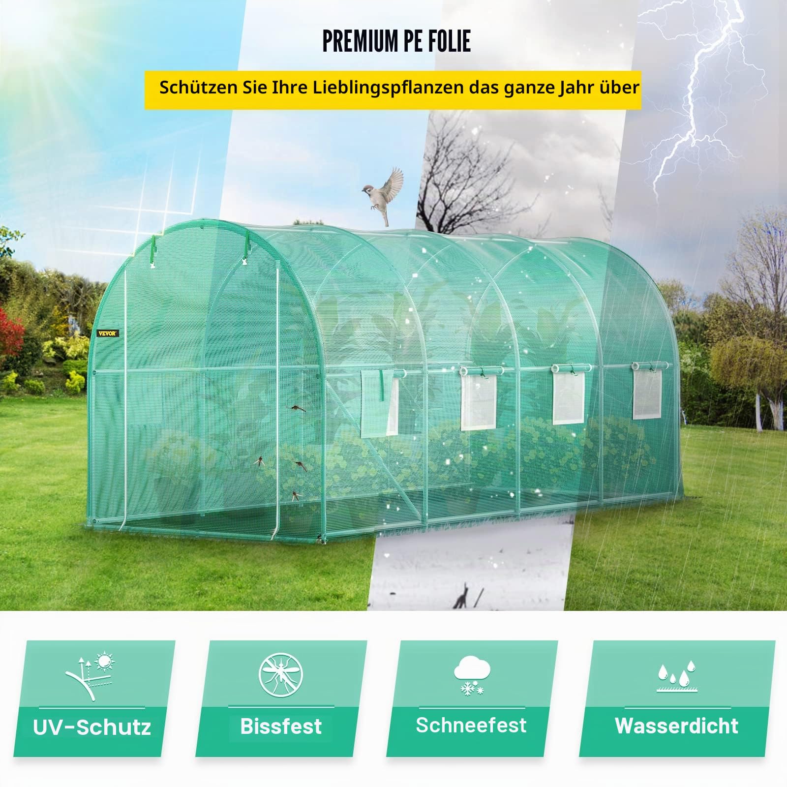 VEVOR Foliengewächshaus 4,6x2,1x2,1m Bogendach Gewächshaus Verzinkter Stahlrahmen PE Abdeckung Frühbeet Treibhaus Wasserdicht UV-Beständig Grün Mobiler Folientunnel Ideal für Anbau von Gemüse Blumen